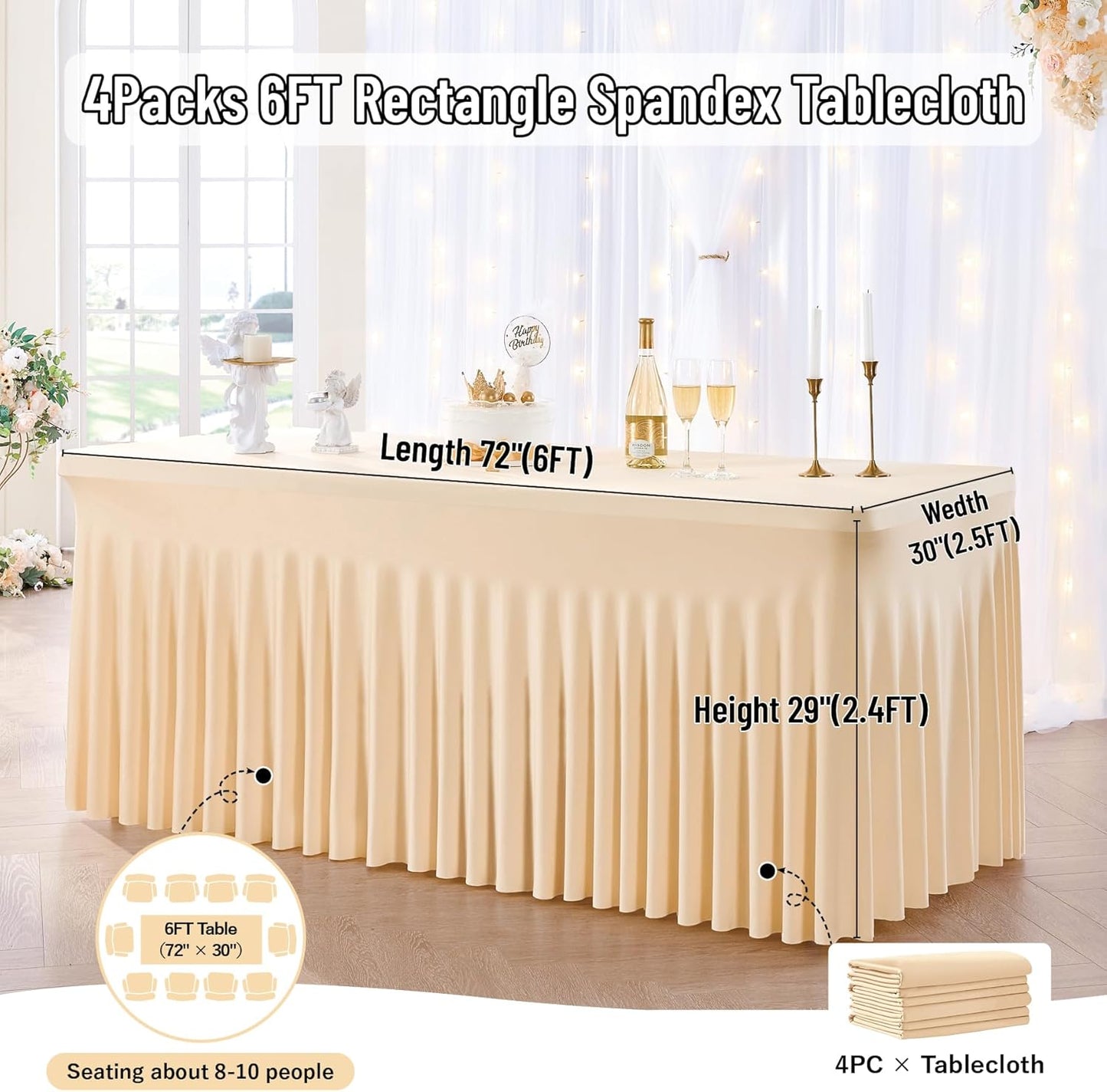 leegleri 4 Pack Champagne Spandex Table Clothes for 6 Foot Rectangle Tables, Wrinkle Free Fitted Table Cover 6ft Stretch Tablecloths with Skirt for Parties Weddings Birthday Banquet Baby Shower