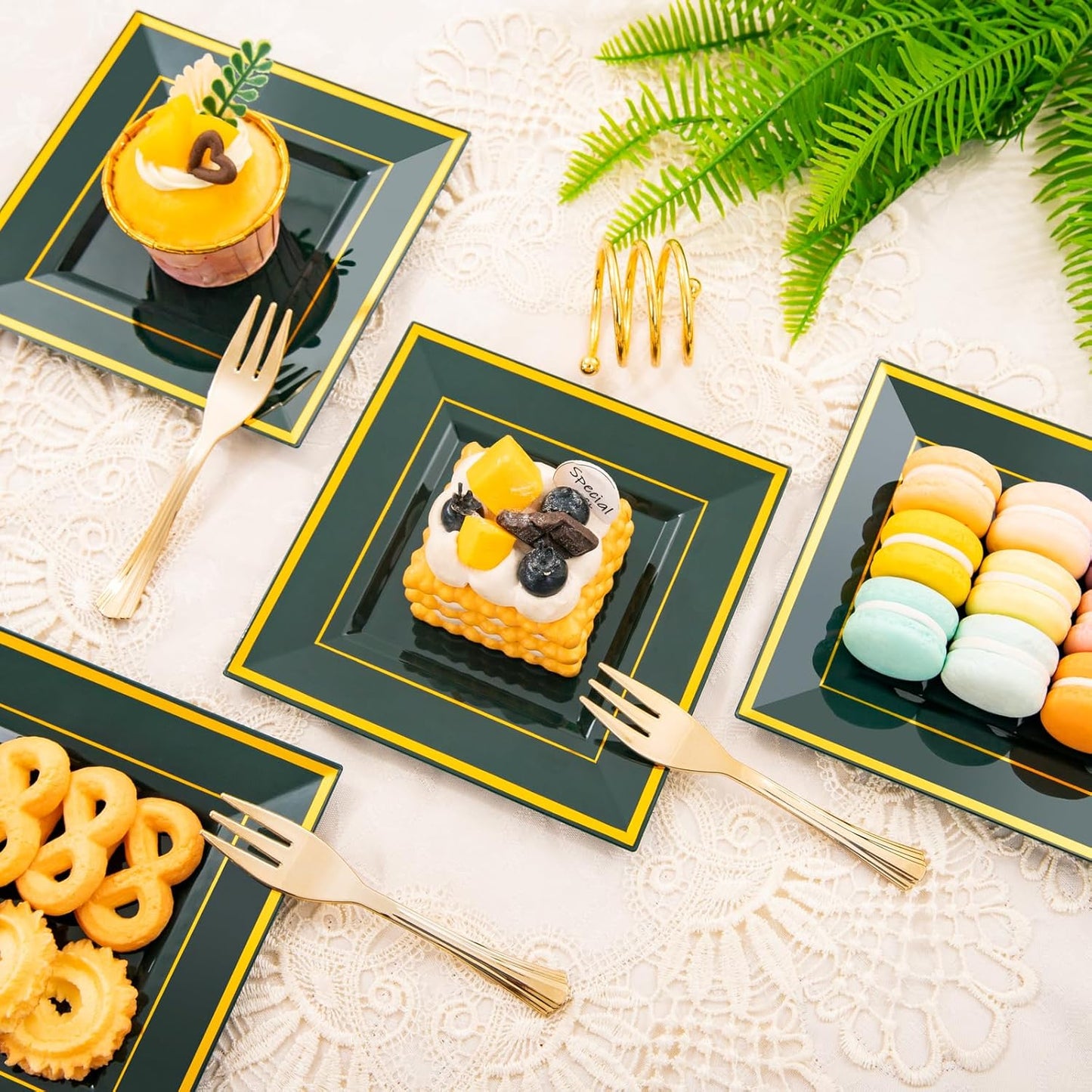 WDF 200PCS Green and Gold Plastic Dessert Plates with Plastic Forks -6’’ 100 Square Disposable Appetizer Plates Small Plates Cake Plates with Gold&100 Green Small Appetizer Forks for Christmas