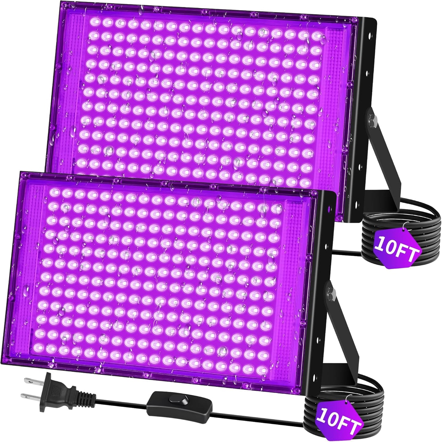 200W LED Black Lights IP66 Waterproof Black Light Outdoor with 10ft Plug+Switch, Flood Blacklight for Halloween Glow in The Dark Party Stage Light Neon Glow Birthday 2 Pack