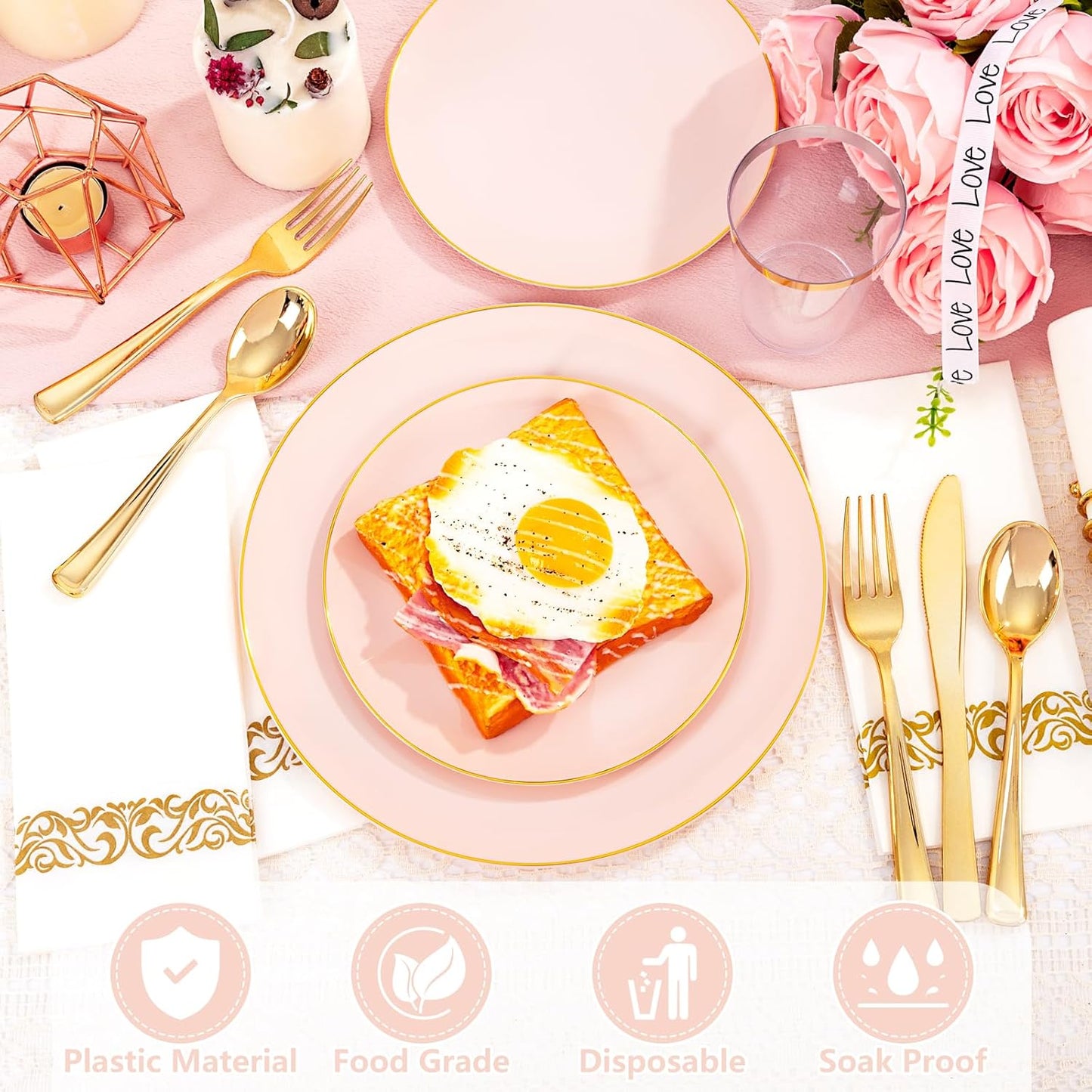 YOUBET 175PCS Pink Plastic Plates - Pink and Gold Disposable Plates Include 50 Plastic Plate, 75 Silverware, 25 Cups, 25 Napkins for Wedding & Party & Birthday