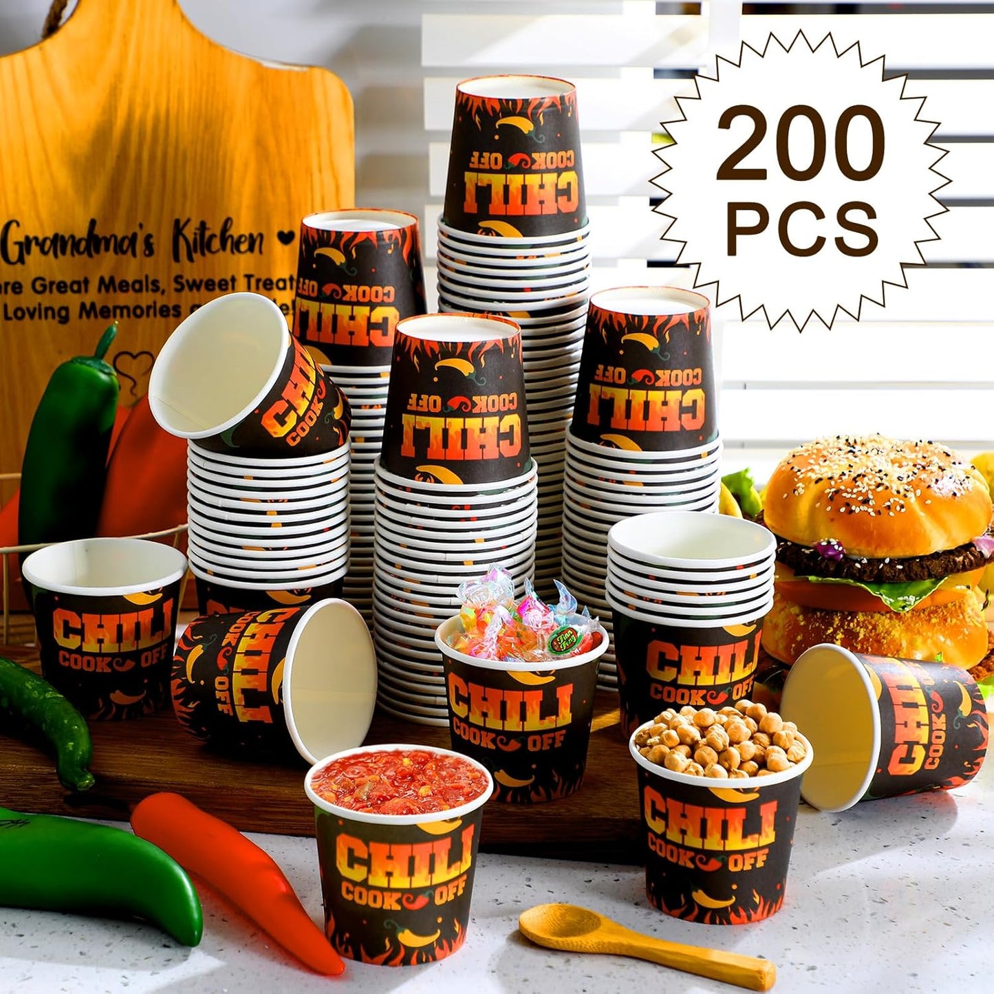 200 Pcs 6 oz Chili Cook off Decorations Mini Chili Cook off Cups Disposable Food Sample Cups Small Tasting Paper Bowls for Mexican Party Supplies