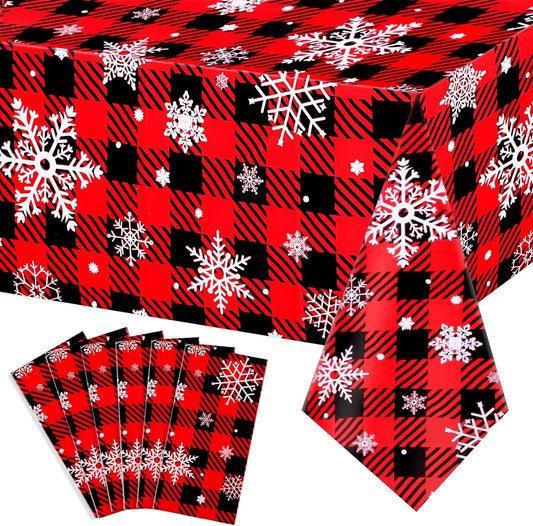 6 Pack Christmas Buffalo Plaid Snowflake Tablecloths, 54 x 108 inch Winter Snowflake Plastic Table Cloth Disposable Rectangle Table Cover for Christmas New Year Holiday Party