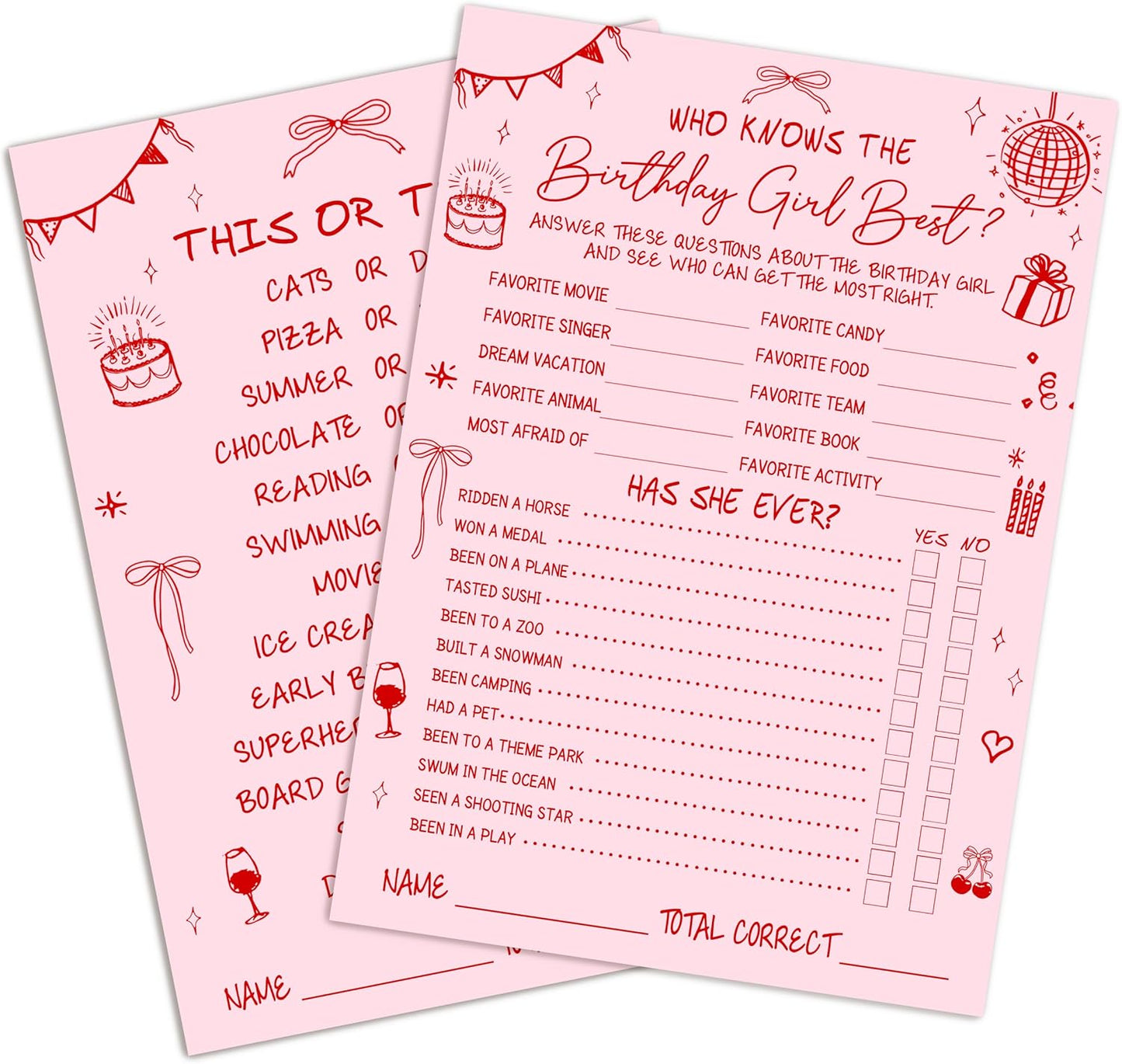 Birthday Party Games Card, Who Knows The Birthday Girl Best, Girls Sleepover Party Supplies for The Girls Card Game, 5x7 Inch Set of 25 Game Cards (Pink, Double-Sided) - A07