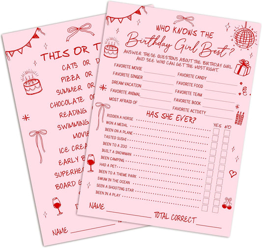 Birthday Party Games Card, Who Knows The Birthday Girl Best, Girls Sleepover Party Supplies for The Girls Card Game, 5x7 Inch Set of 25 Game Cards (Pink, Double-Sided) - A07