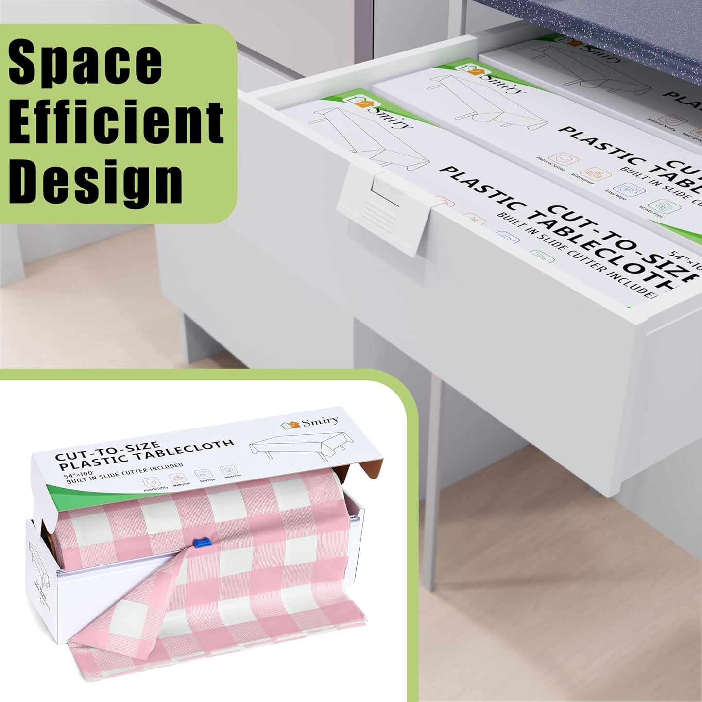 Smiry 54 Inch x 300 Feet Disposable Table Cover Roll, Pink & White Plastic Table Cloth in Cut-to-Size Box with Slide Cutter, Waterproof Rectangle Tablecloths for Weddings, Banquets, Outdoor