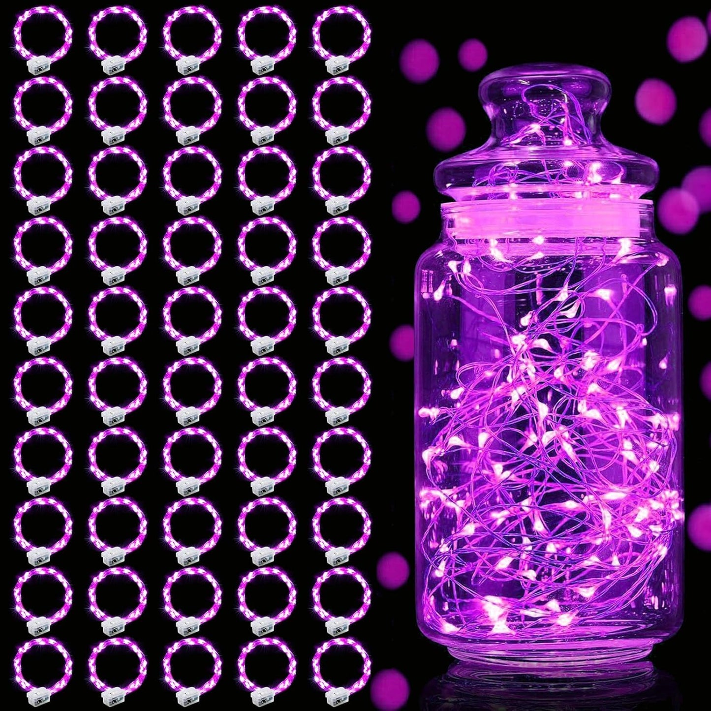 Aogist 50 Pack Fairy Lights 3 Modes 7ft 20 LED Waterproof,Battery Operated Silver Wire Firefly Starry Moon Mini String Lights for Mason Jars Christmas DIY Crafts Wedding Party Bedroom,Pink