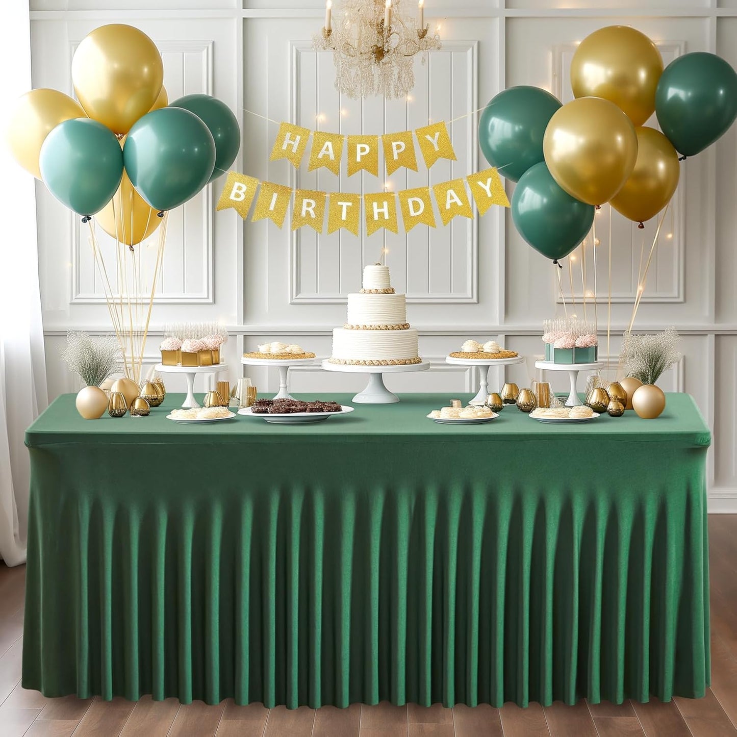 1 Pack Green Table Clothes for 6 Foot Rectangle Tables, One-Piece Wrinkle Resistant Stretch Spandex Table Covers Christmas Table Skirt for Event Banquet Wedding Birthday Party