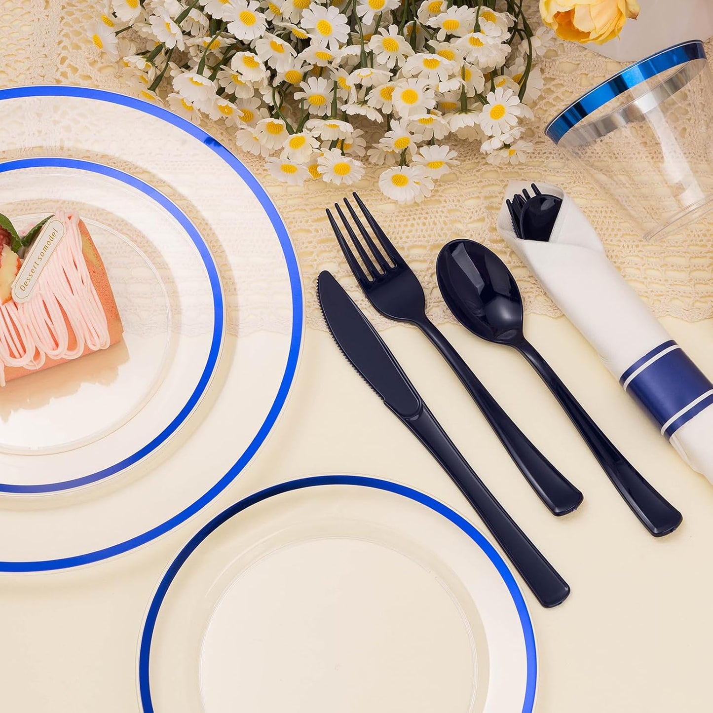 350PCS Clear and Blue Disposable Plates Set for 50 Guests, 100 Plastic Plates, 50 Cups, 50 Pre-Rolled Napkins with Plastic Cutlery for Party, Birthday, Thanksgiving, Christmas, Halloween