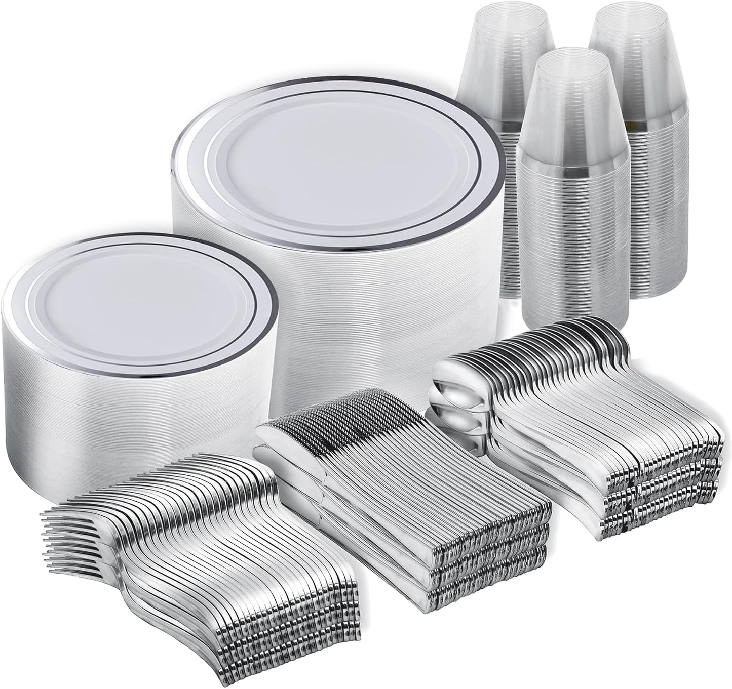 N9R 600PCS Silver Disposable Plastic Plates, Silver Plastic Dinnerware Set Includes 100 Dinner Plates, Dessert Plate, Cups, Spoons, Forks, Knives for 100 Guests, Perfect for Party, Wedding, Birthday