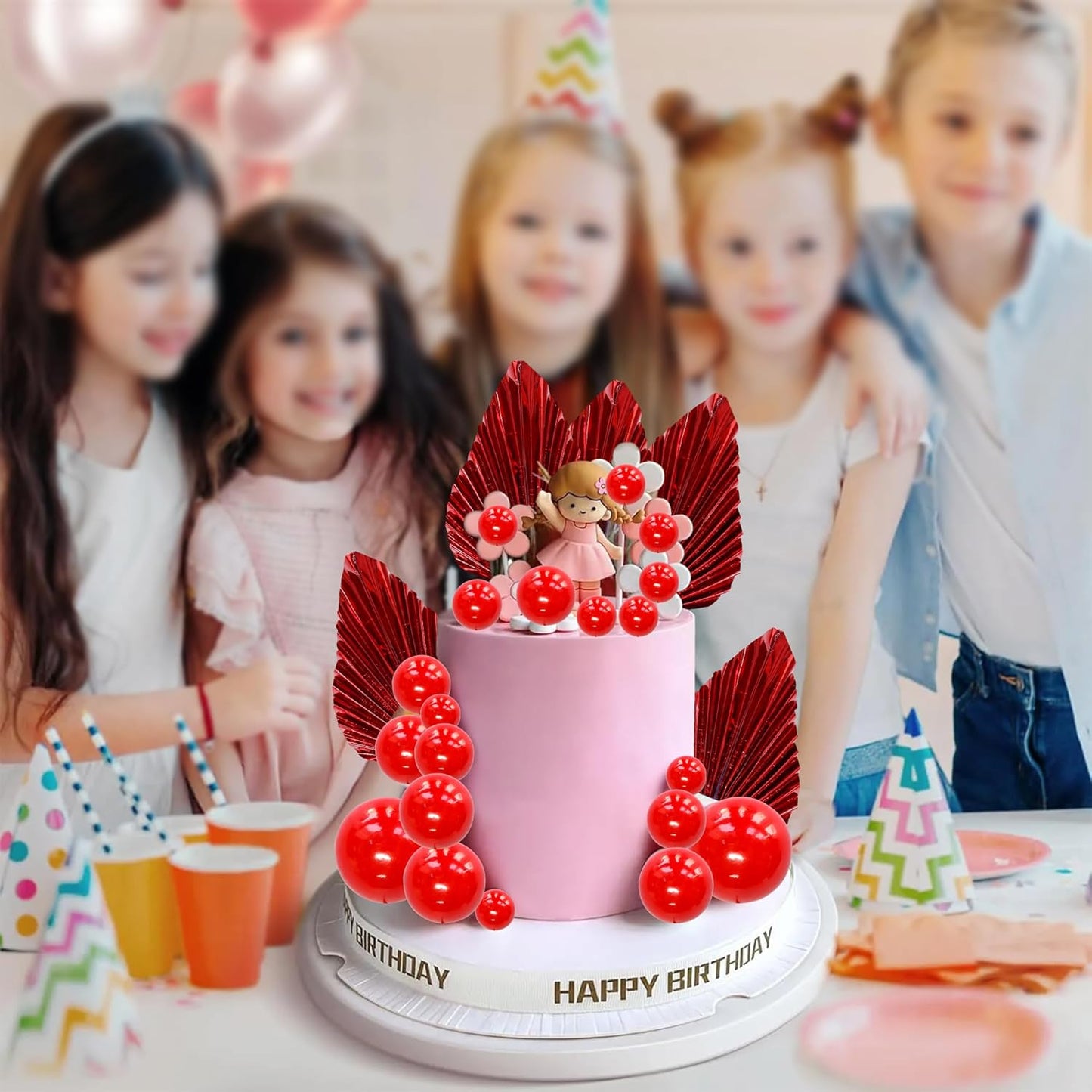 Ephlyn 28Pcs Paper Palm Fan Cake Topper Balls Cake Pick for Baby Shower Wedding Bridal Shower Birthday Party Cake Decorations Supplies Red