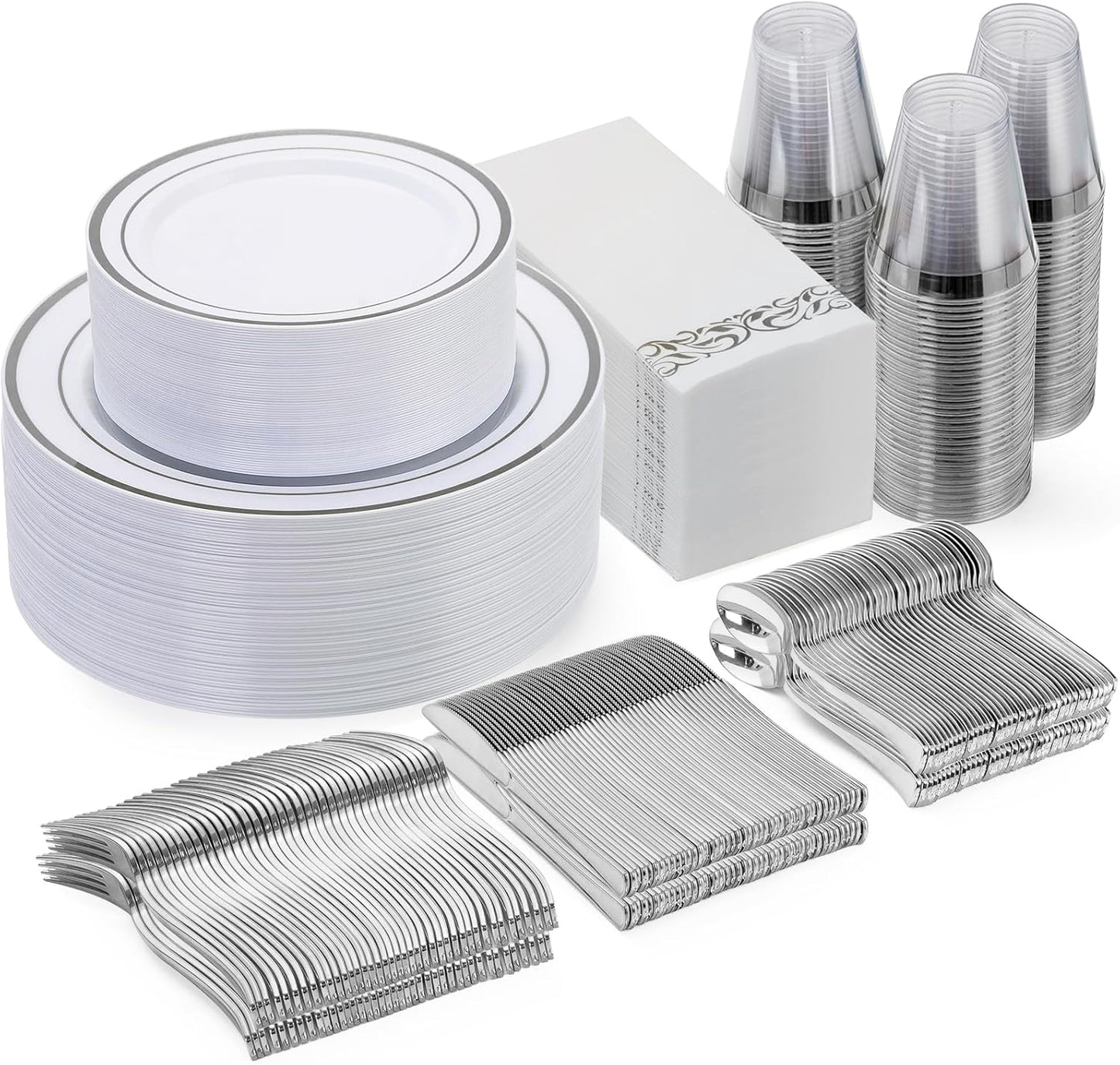 Goodluck 350 Piece Silver Dinnerware Set for 50 Guests, disposable Plastic Plates for Party, Include: 50 Dinner Plates, 50 Dessert Plates, 50 Paper Napkins, 50 Cups, 50 Silverware set