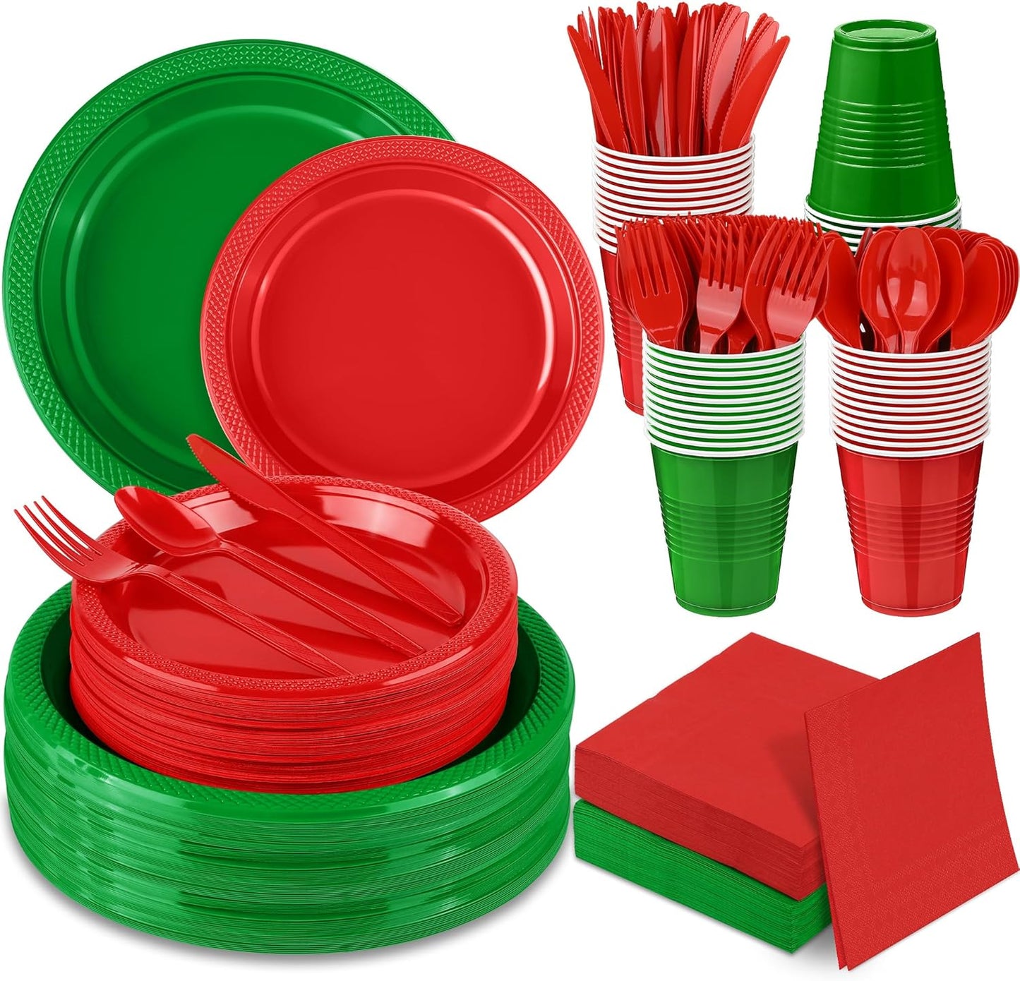 Aodaer 400 Pieces Christmas Party Supplies Red Green Plastic Dinnerware Include Plates Cups Knives Forks Spoons Paper Napkins for Christmas Birthday Wedding Parties, Serve 50 Guests