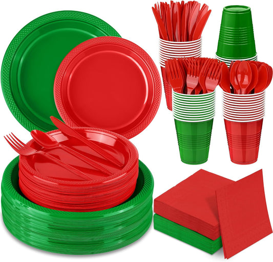 Aodaer 400 Pieces Christmas Party Supplies Red Green Plastic Dinnerware Include Plates Cups Knives Forks Spoons Paper Napkins for Christmas Birthday Wedding Parties, Serve 50 Guests