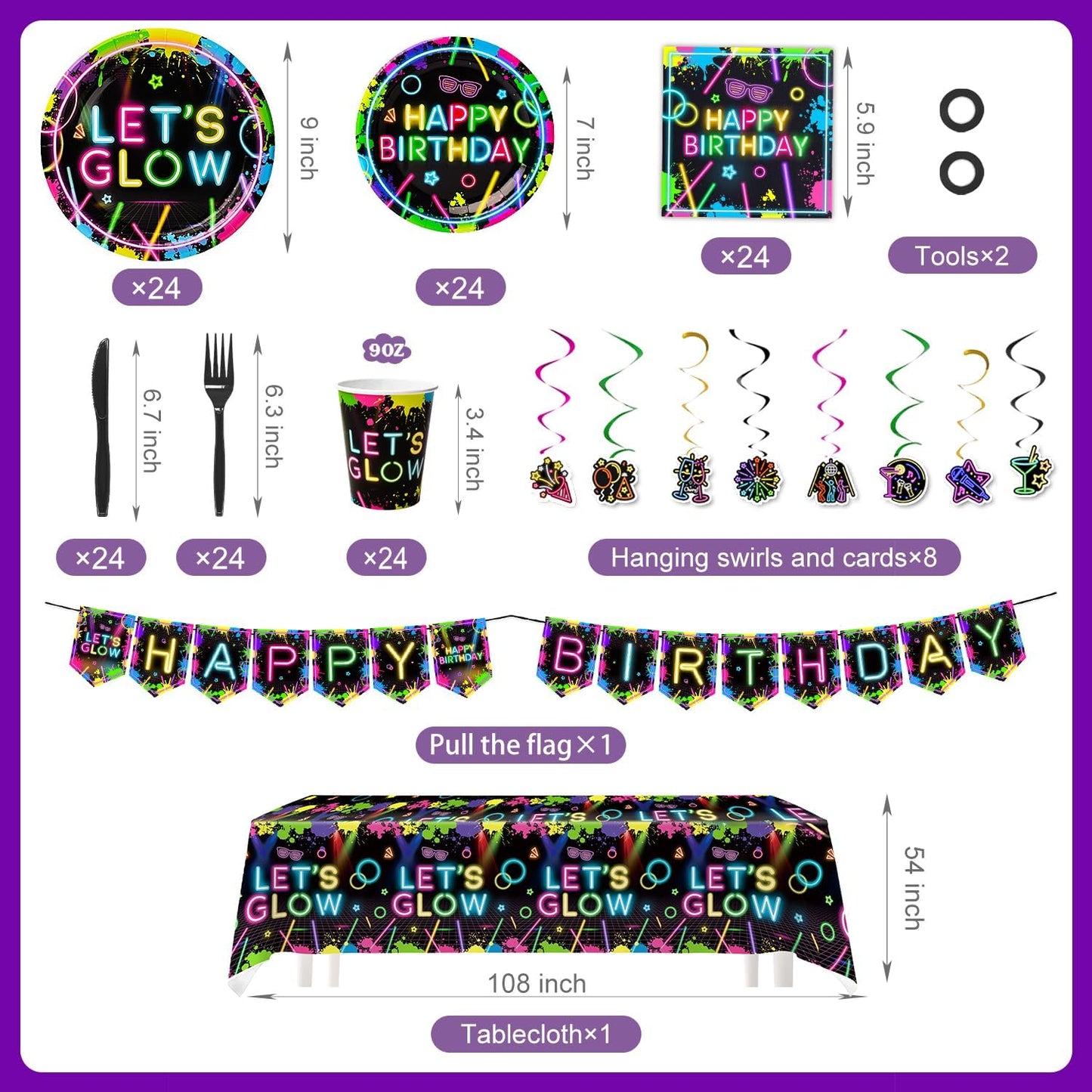 154Pcs Neon Party Supplies Set - Serves 24, Glow in the Dark Party Supplies, Includes Plates, Napkins, Banner, Hanging Swirls, Cups, Cutlery, Tablecloth for Glow Birthday Decorations