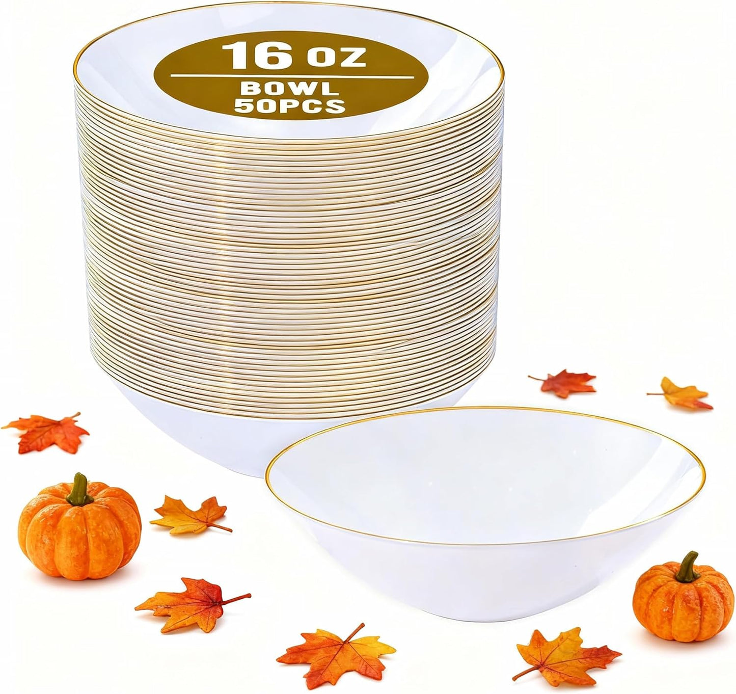 I00000 16 Oz 50 Count White Disposable Soup Bowls with Gold Rim Plastic Bowls Disposable Premium Heavyweight Elegant Plastic Salad Bowl for Thanksgiving, Parties, Wedding