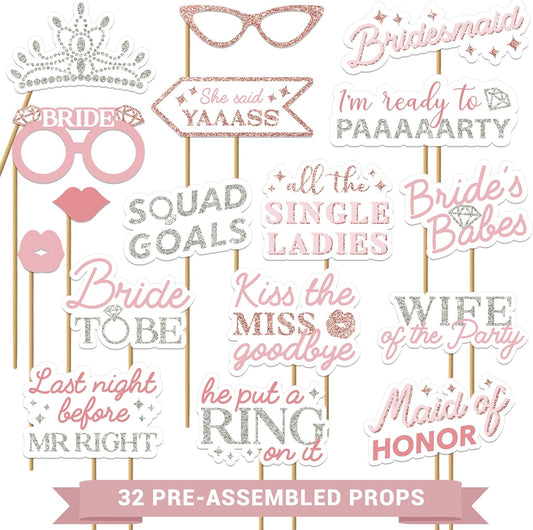 Fully Assembled Bachelorette Photo Booth Props - Set of 32 - Rose Gold, Pink, & Silver Signs, Wedding Bridal Shower Bachelorette Party Supplies & Decorations with Real Glitter - Did We Mention No DIY