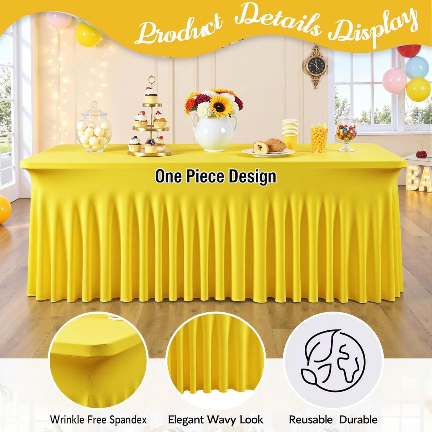 leegleri 4 Pack Yellow Spandex Fitted Table Clothes for 8 Foot Rectangle Tables, Wrinkle Free 8ft Spandex Table Cover, Spandex Table Skirt for 8FT Rectangle Tables-for Banquet Weddings Parties