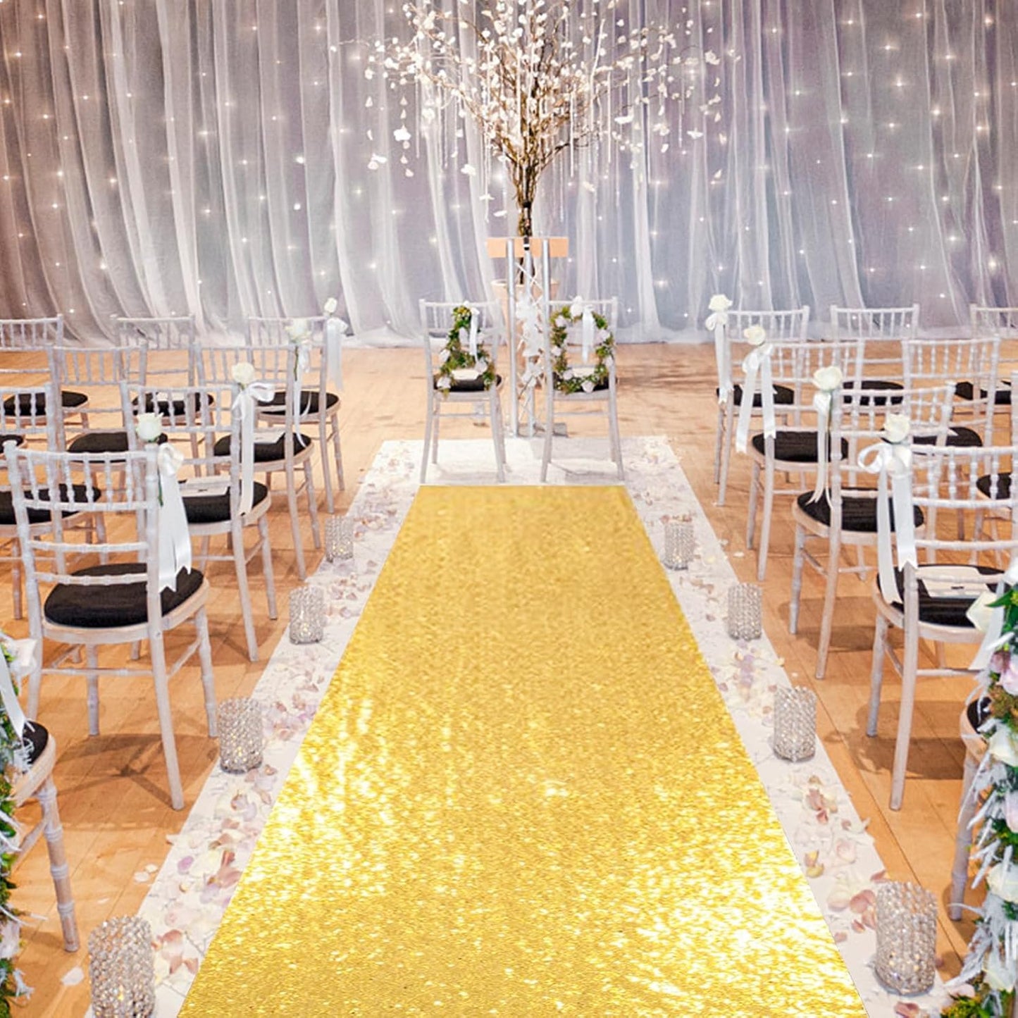 PartyDelight Wedding Aisle Runner for Ceremony Gold 4FTx15FT Sequin Carpet Sparkly Rug for Indoor Outdoor Weddings Engagement Decoration