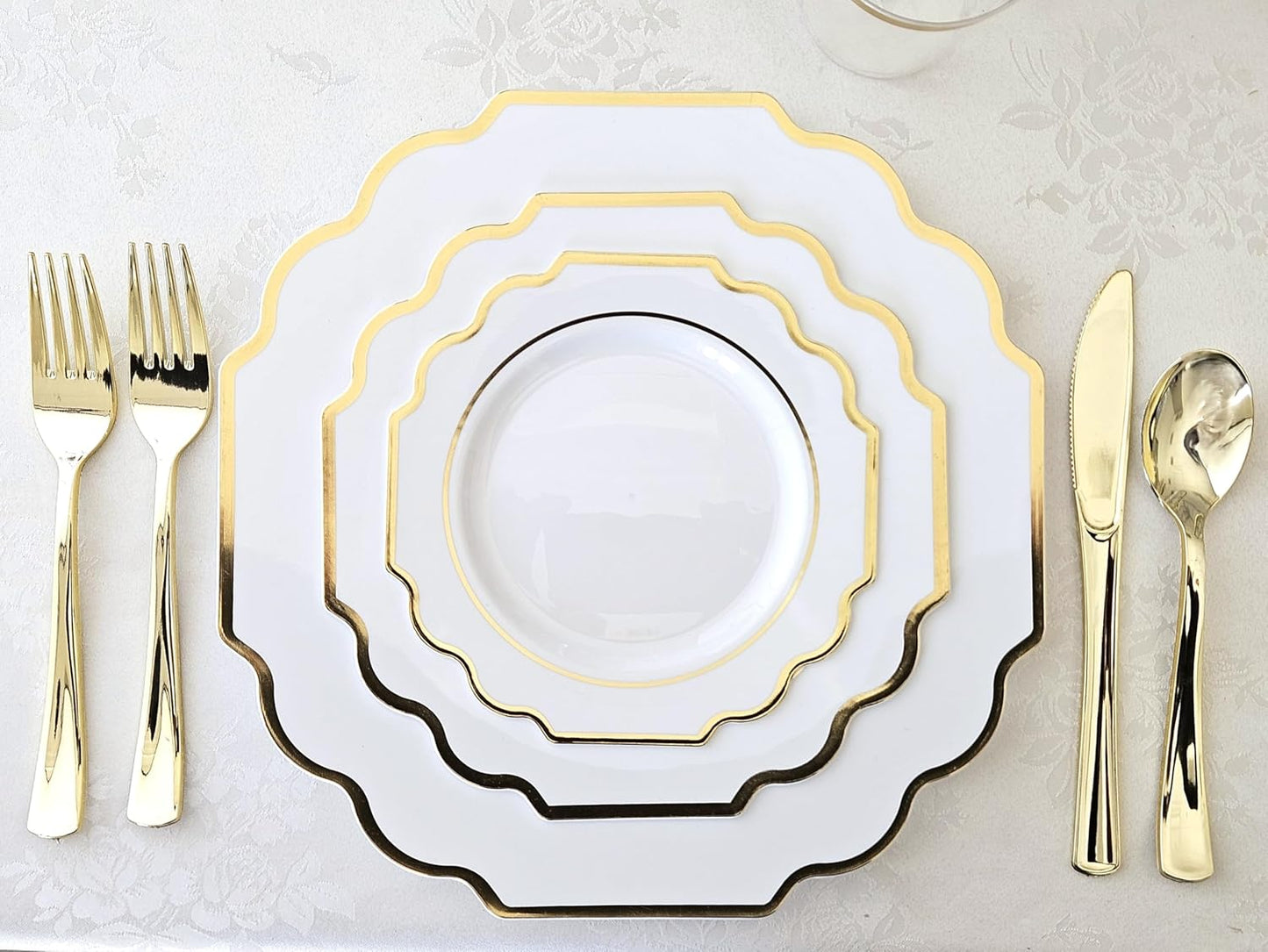 " OCCASIONS " 120 Plates Pack,(60 Guests) Heavyweight Wedding Party Disposable Plastic Plates Set -60 x 10.5'' Dinner + 60 x 8'' Salad/Dessert Plate (Imperial White & Gold)