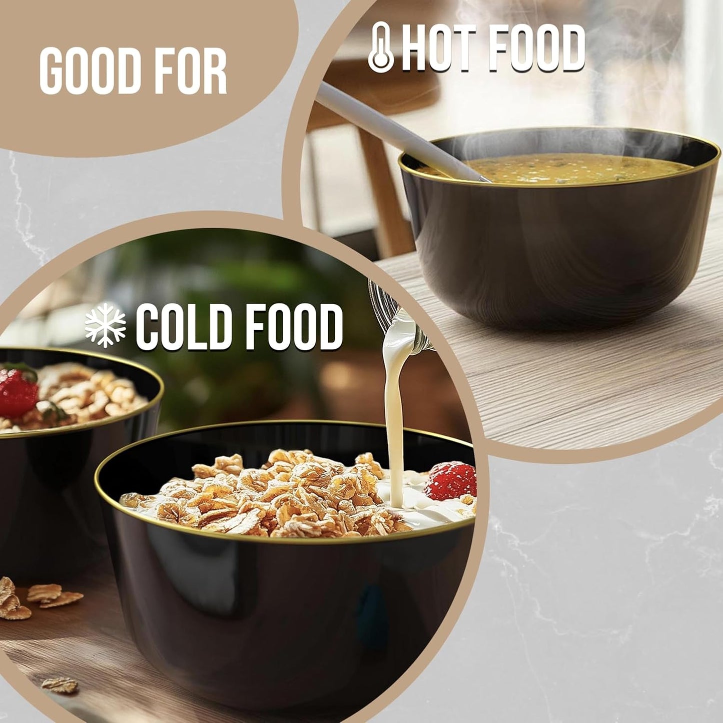 Trendables Plastic Bowls Disposable Bowls 24 Oz Bowl Set Of 10 Black Gold Rimmed Fancy Plastic Serving Dishes Perfect for Parties and Events Disposable Candy Bowl