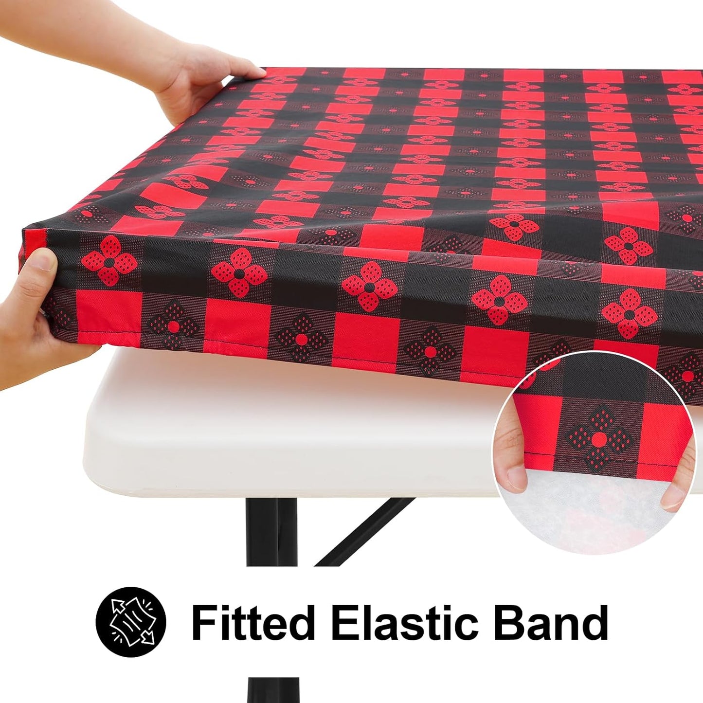 Rectangle Vinyl Table Cloth, Waterproof Elastic Fitted Tablecloth with Flannel Backing, Plastic Table Cover for Picnic, Camping, Outdoor (Black & Red, 30"x72")