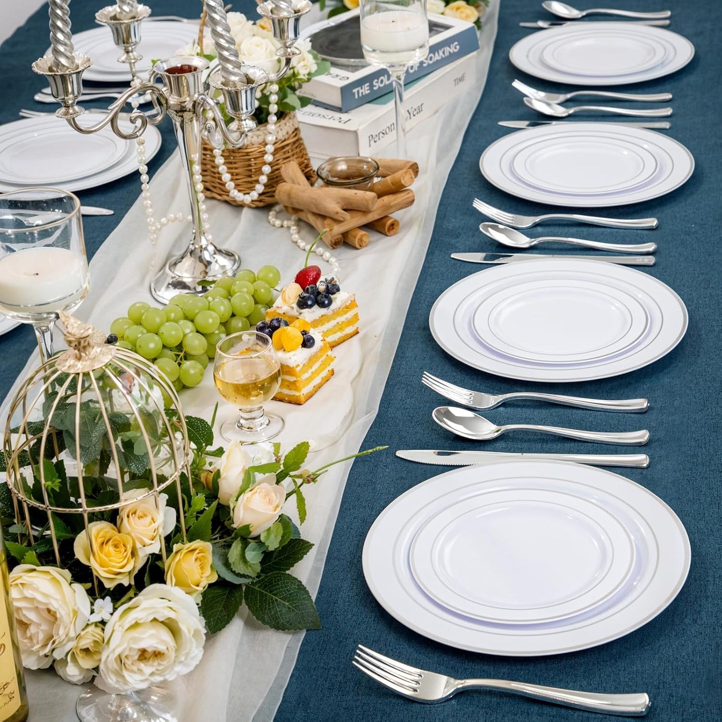 NOCCUR 200PCS Silver Plastic Plates Disposable for 100 Guests - Include 100 Dinner / 100 Dessert Plates Heavy Duty - Ideal for Party, Wedding, Christmas