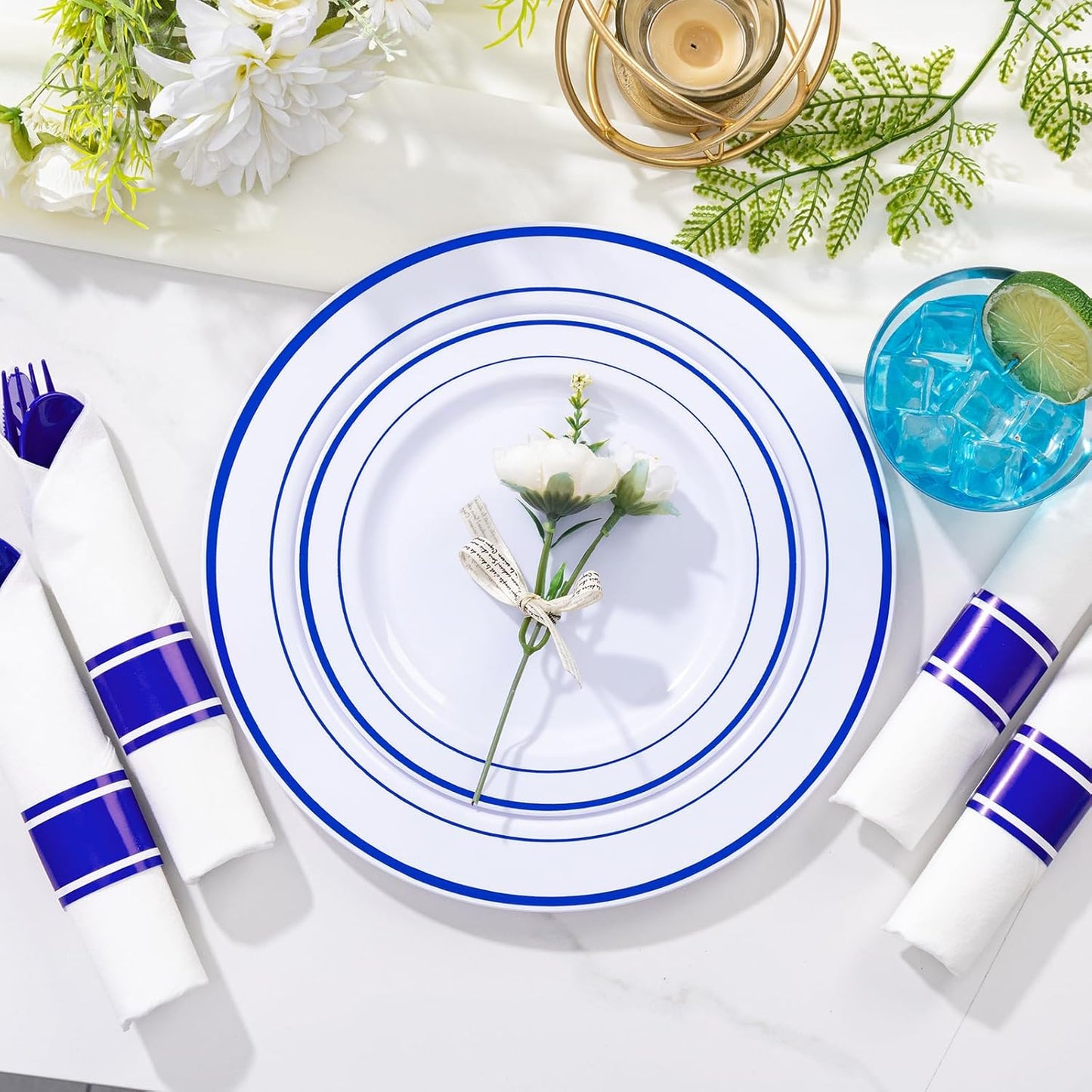 WELLIFE 350 Pcs Blue Plastic Plates for 50 Guests - Plastic Dinnerware Set,Party Supplies Includes 100 Blue Disposable Plates,150 Silverware,50 Napkins,50 Cups