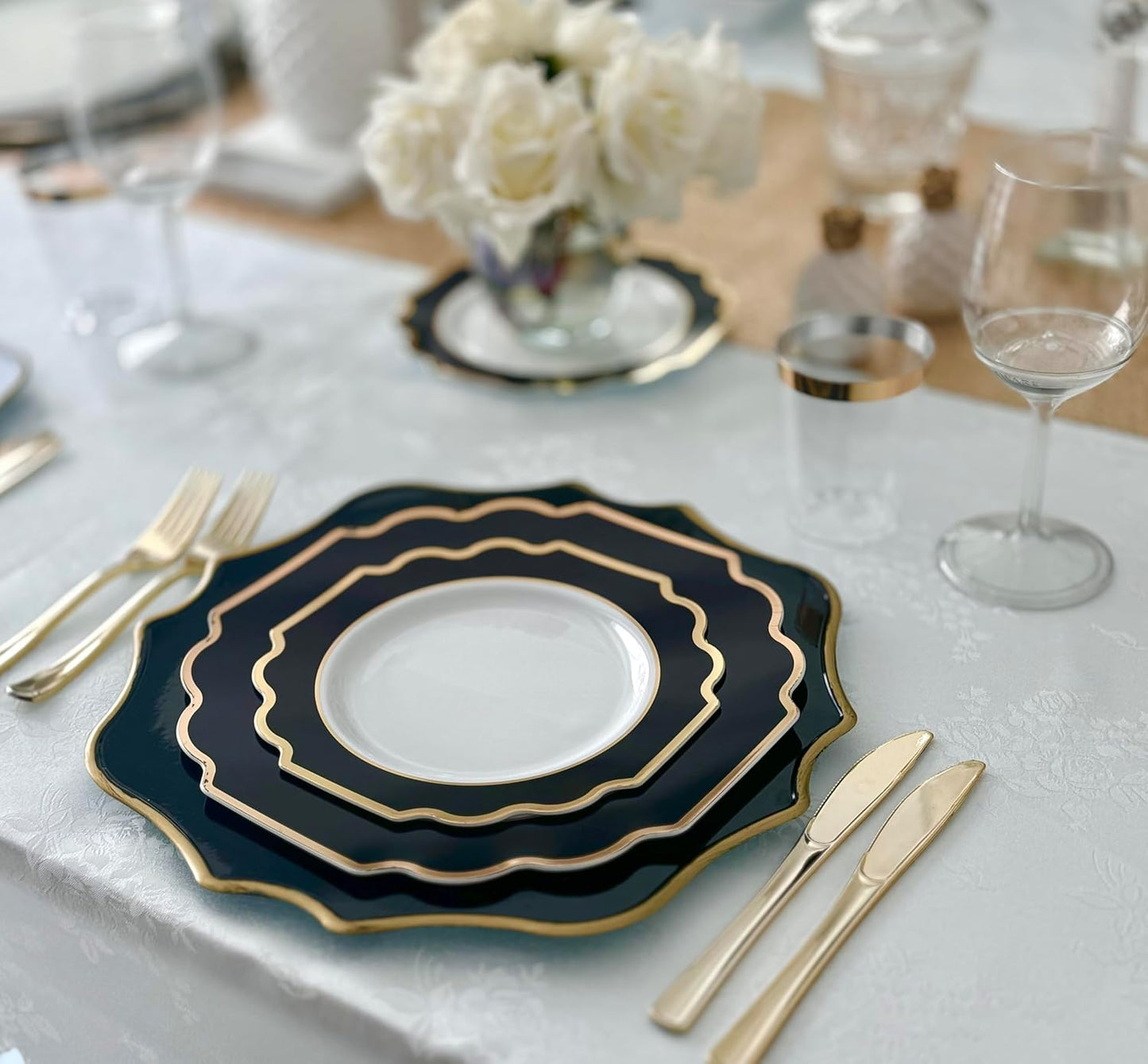 " OCCASIONS " 50 Plates Pack (25 Guests)-Heavyweight Wedding Party Disposable Plastic Plate Set -(25x10.5'' Dinner + 25x8'' Salad/dessert (Imperial in Black & Gold)