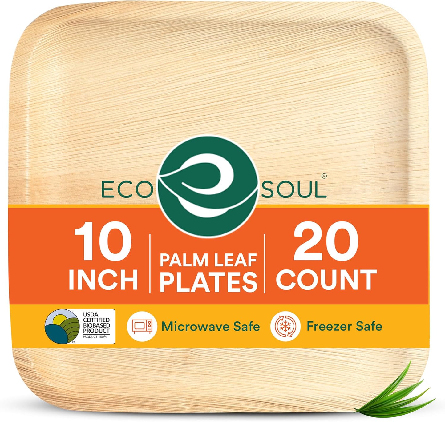 ECO SOUL Compostable 10 Inch Palm Leaf Square Plates (20 Count) Like Bamboo Plates | Biodegradable | Eco-Friendly, Microwave & Oven Safe