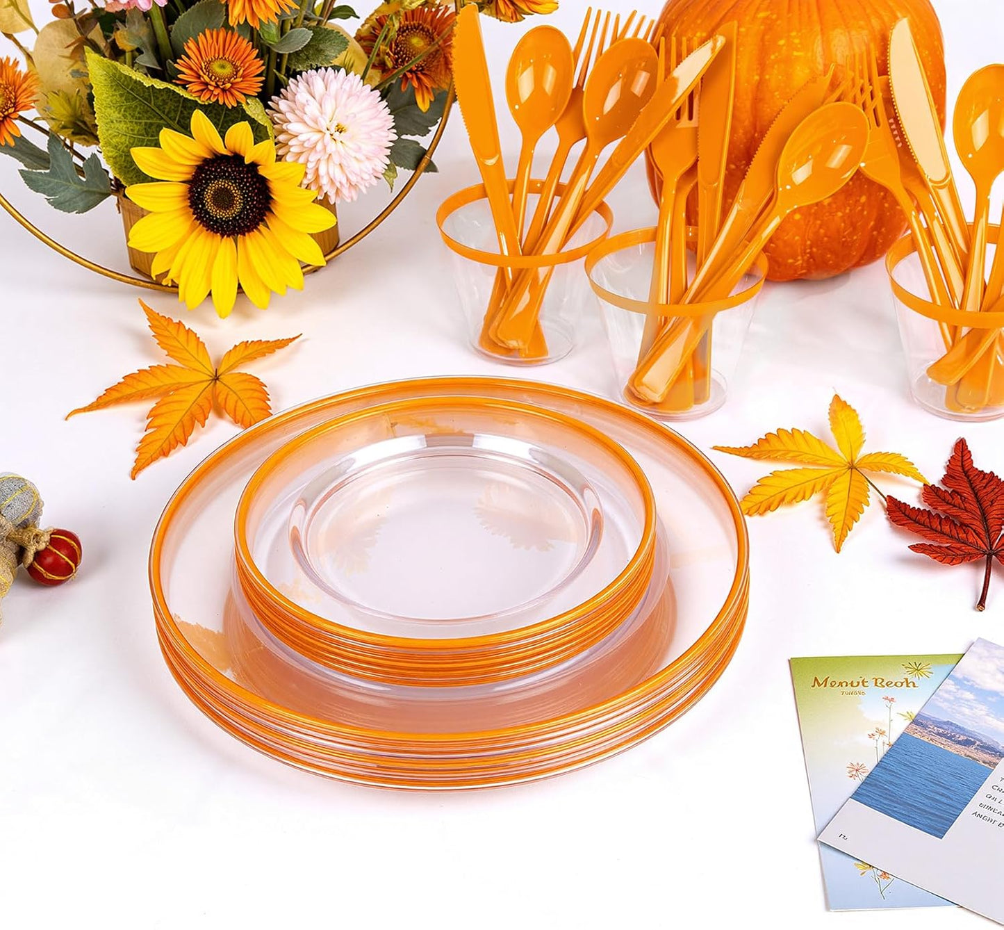 SUT 175Pcs Orange and Clear Plastic Dinnerware Set for 25 Guests, Include: 25 Dinner Plate, 25 Dessert Plates, 25 Pre Rolled Napkins With Silverware, 25 Cups, Disposable Plates for Thanksgiving, Party