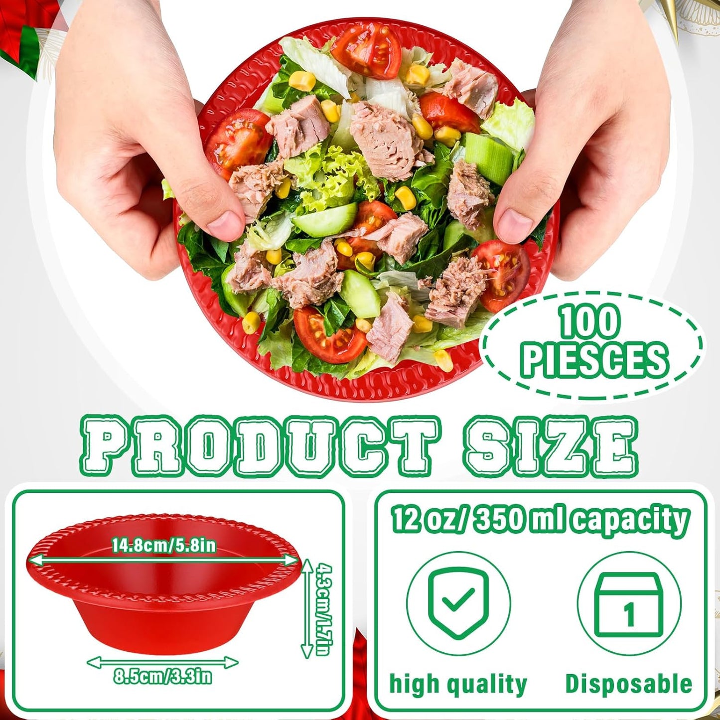 Layhit 100 Pcs Christmas Plastic Bowls 12 oz Disposable Salad Red Green Plastic Serving Xmas Party Supplies Candy Snack Bowls for Christmas Holiday Party Picnic