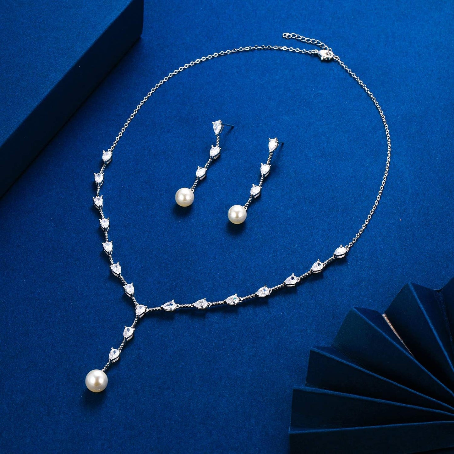 EleQueen Women's Simulated Pearl Wedding Jewelry Set, Cubic Zirconia Marquise Floral Bridal Necklace Earrings Bracelet Sets