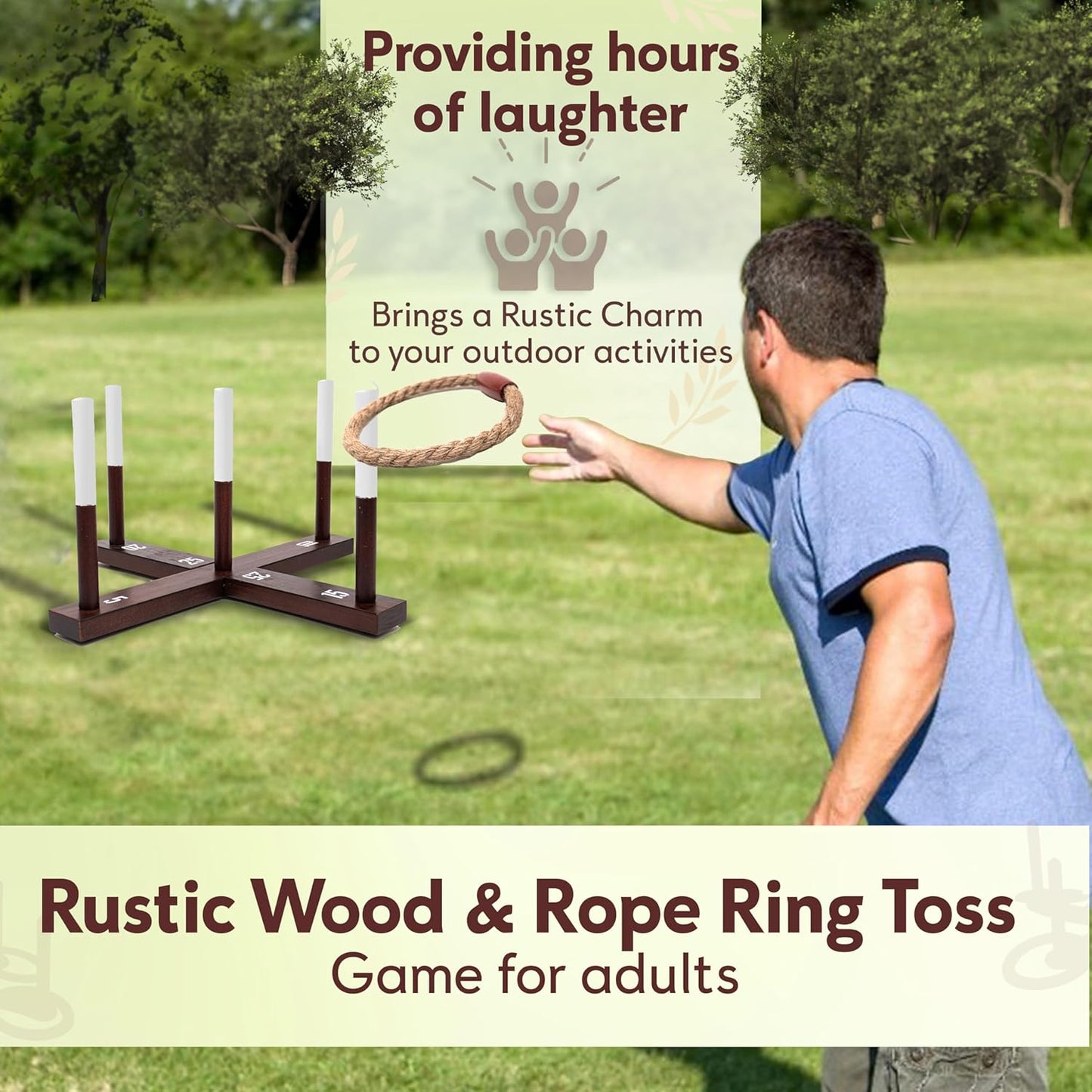 CircleCraft Rustic Ring Toss Game for Kids & Adults – Outdoor Yard Games with Rope Rings, Portable Wooden Lawn Game for Family Fun, Backyard, Beach, Camping & Picnic Activities for Christmas & Easter