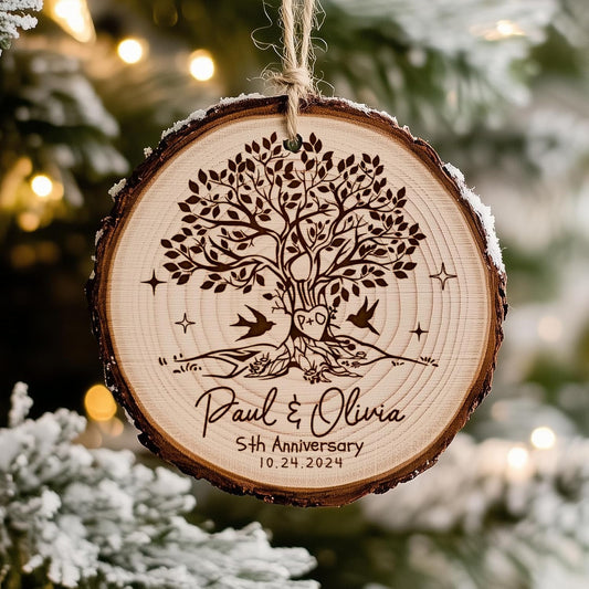Personalized 5th Anniversary Wooden Ornament - 5 Year Anniversary Wedding Gifts for Couples, 5th Wedding Keepsake for Christmas Decoration