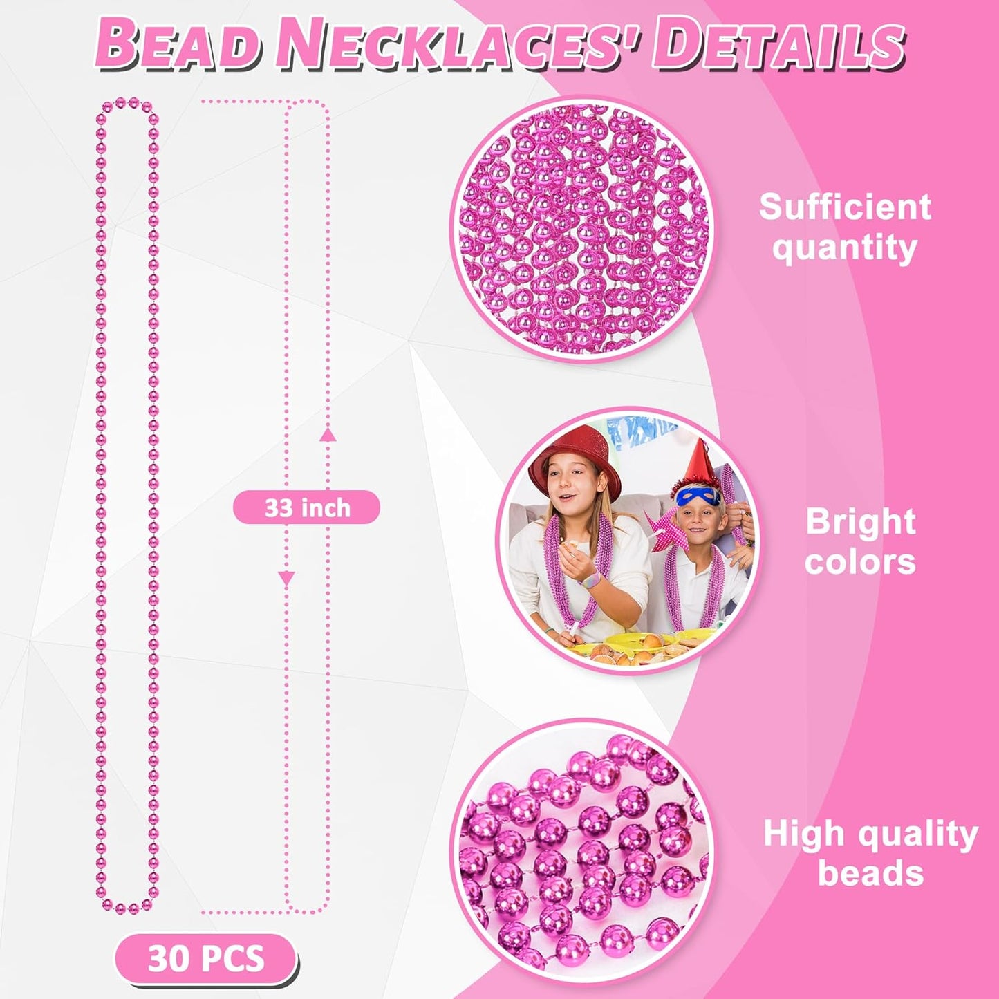 30PCS Bead Necklace, 33" Breast Cancer Awareness Accessories Bead Necklaces Bulk, Mardi Gras Beads Necklace, Festival Parade Throw Accessories for Wedding Birthday Gender Reveal Party Events Supplies