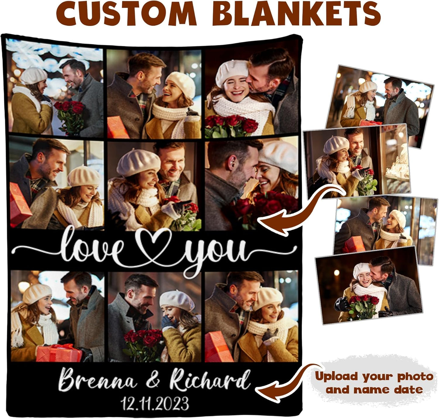 Personalized Valentine's Day Gifts for Boyfriend Girlfriend, Custom Photo Blankets with Names, I Love You Birthday Gifts for Wife Husband Her Him Anniversary Wedding Couple Gifts