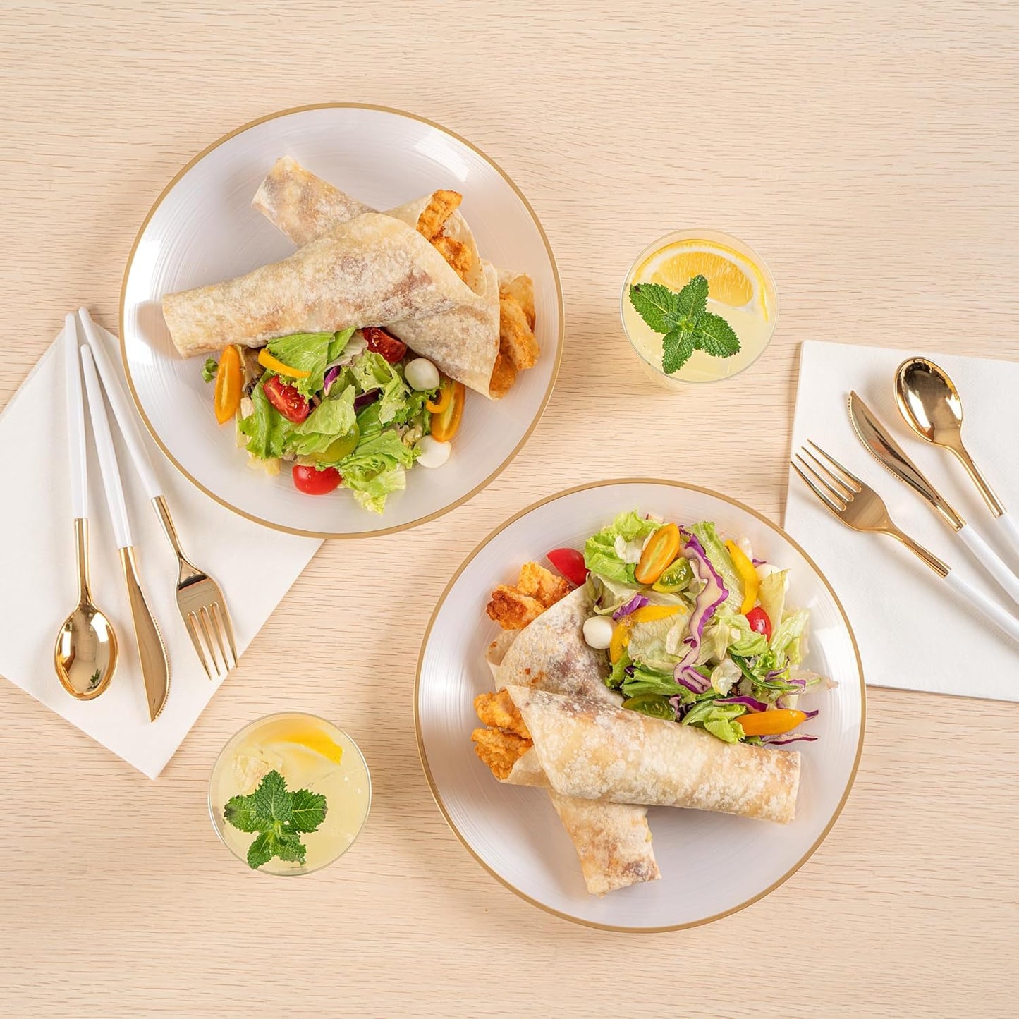 Restaurantware Plastic Plates 100 Pcs 10" Gold Rimmed Disposable Plates Heavy-Duty White Translucent Rippled Plastic Dinner Servers for Party, Weddings, Salads, Desserts, and Appetizers