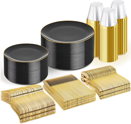 WDF 300PCS Black and Gold Plates - Black Plastic Plates for Party - 50guest Disposable Dinnerware Sets for Party/Wedding/New Year