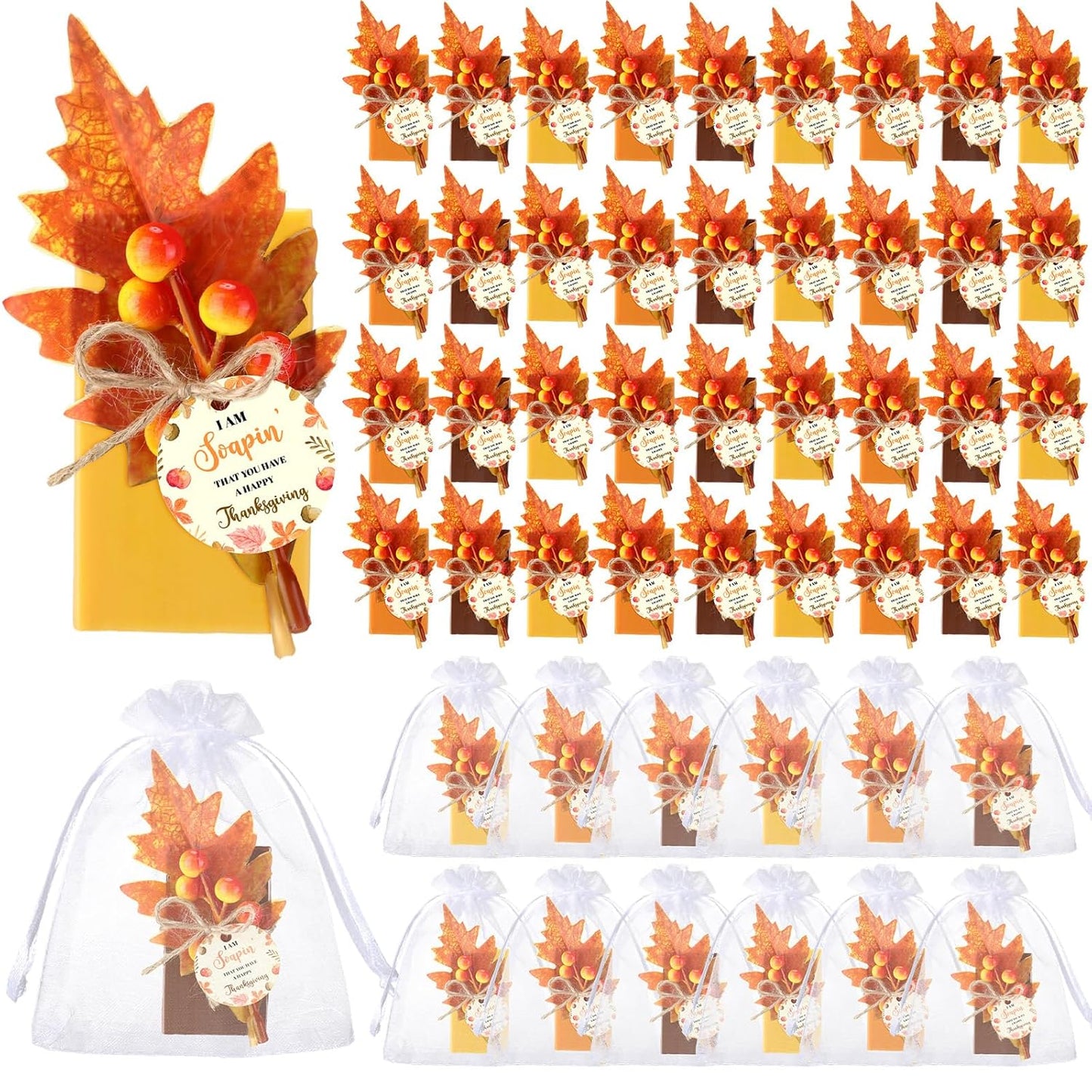 48 Set Fall Thanksgiving Bar Soap Party Favors Mini Hand Soaps Gifts Bulk with Bags Guests Thank You Return Gift for Thanksgiving, Wedding, Bridal Showers, Baby Shower