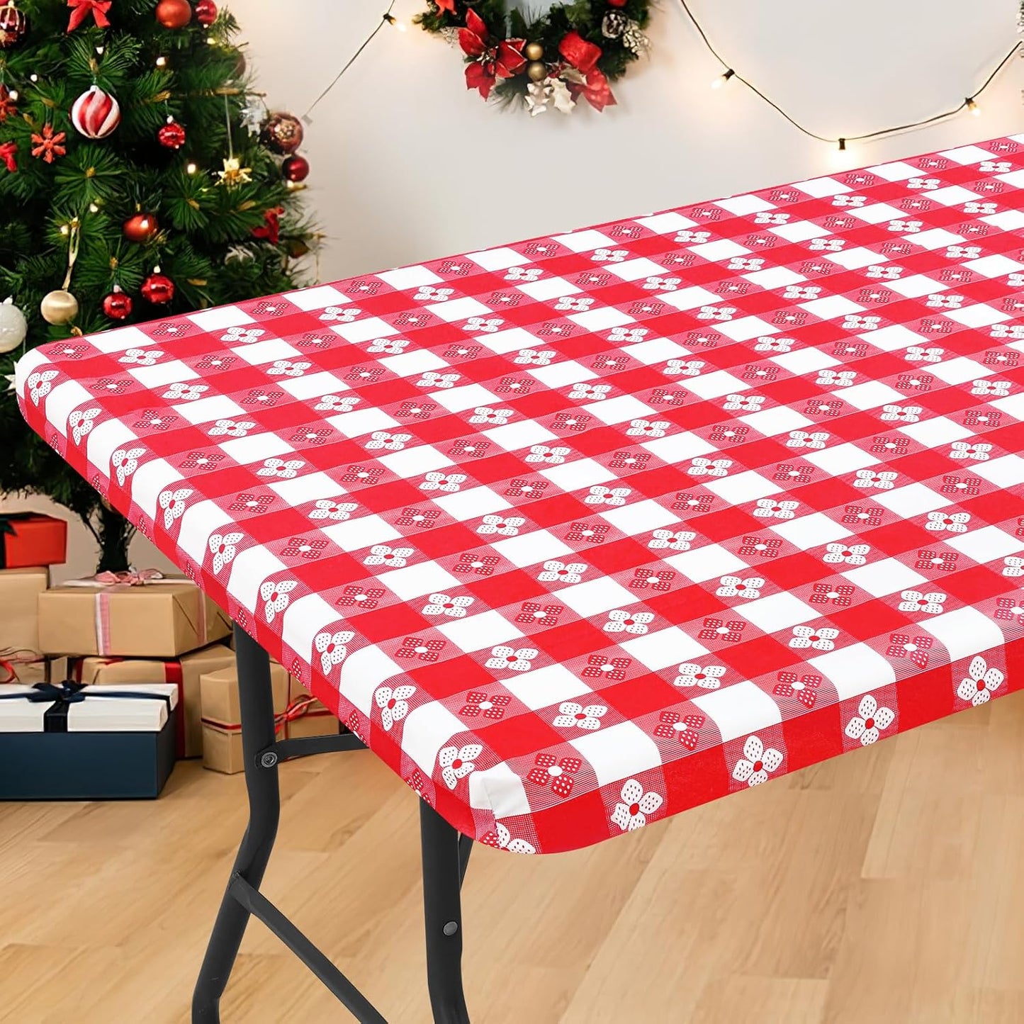 Rectangle Vinyl Table Cloth, Waterproof Elastic Fitted Tablecloth with Flannel Backing, Plastic Table Cover for Picnic, Camping, Outdoor (Red & White, 30"x72")