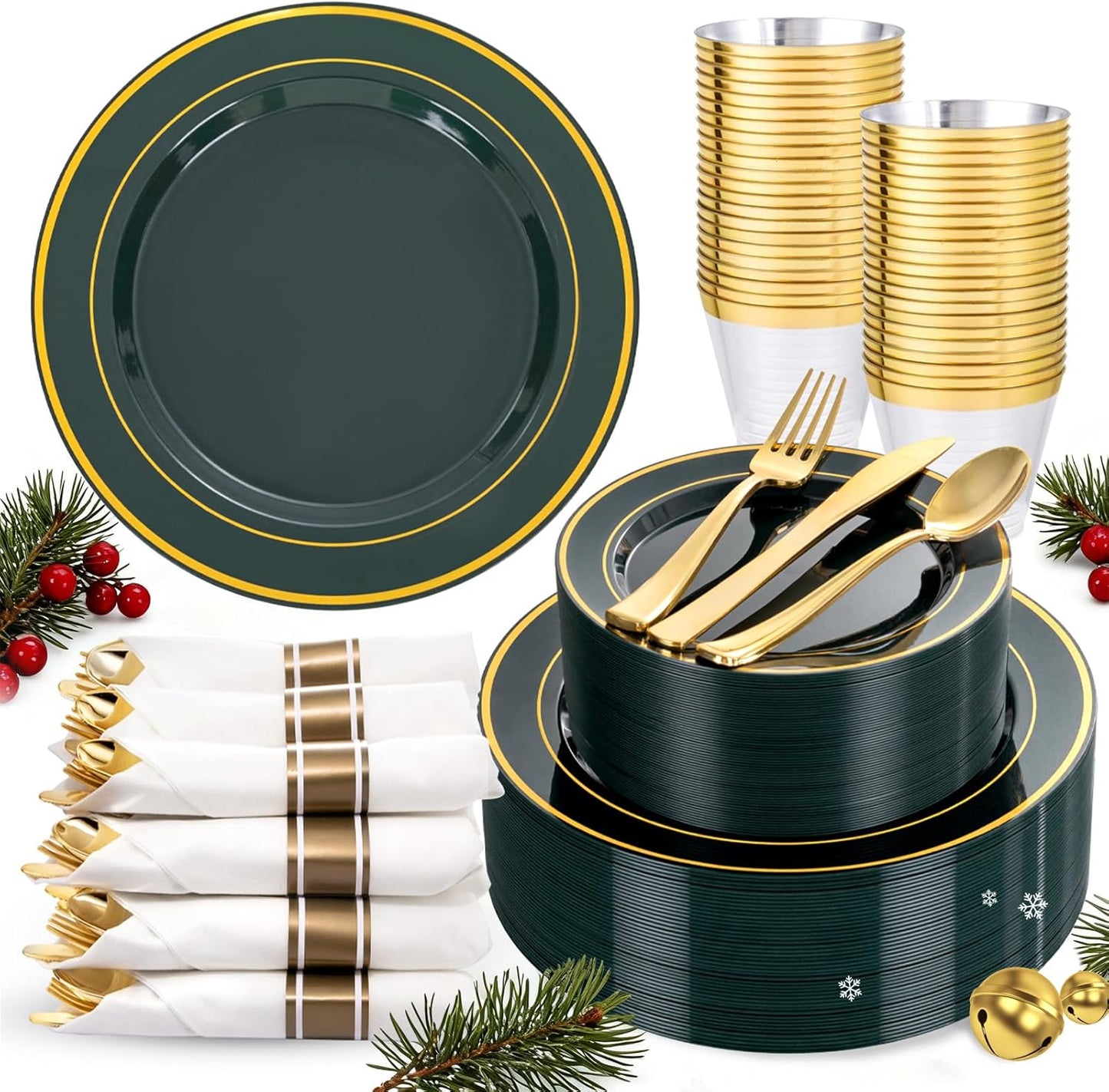 350PCS Green and Gold Plates - Green Plastic Plates 50Guests Plastic Christmas Plate with Rolled Napkins for Party/Christmas/Birthday