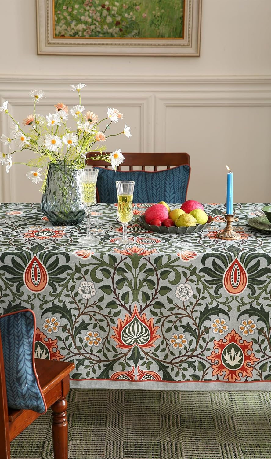 ISAENNE Designer Bohemian Linen Green Small Square Tablecloth,Floral Indoor Table Cloth,Stain Resistant Home Decor Tablecloths for Dining Thanksgiving Kitchen Party Christmas,67"*67"-Naples