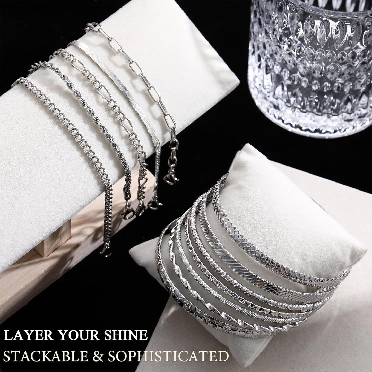 YEEZII Gold Jewelry Set for Women with 5Pcs Layered Necklace, 5Pcs Layered Necklace, 12 Bracelets, 4 Hoop Earrings, 8 Stackable Rings, 10 hairpins, 12 Studs Earrings Jewerly set for Women