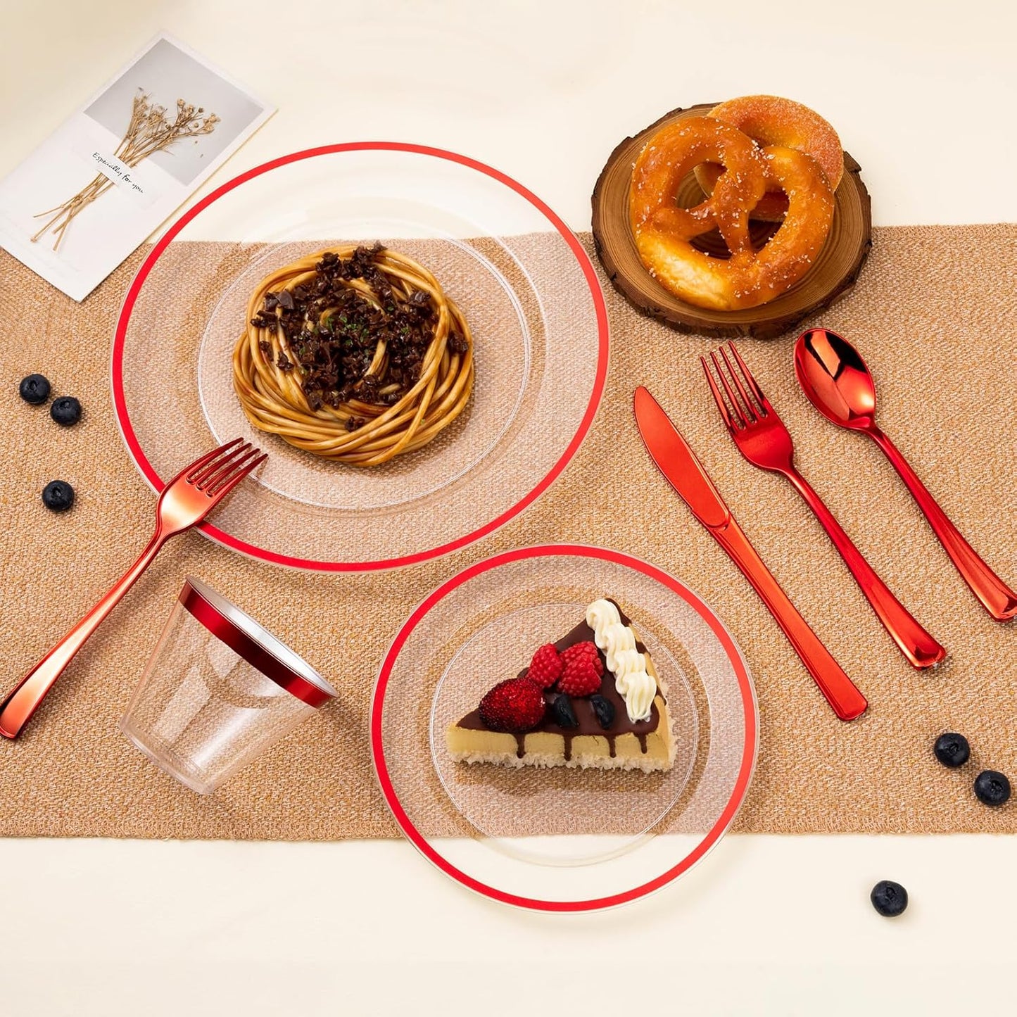 200PCS Red and Clear Plastic Plates, Disposable Plate Set with 100 Dinner Plate and 100 Dessert Plates for Party, Christmas, Valentine's Day