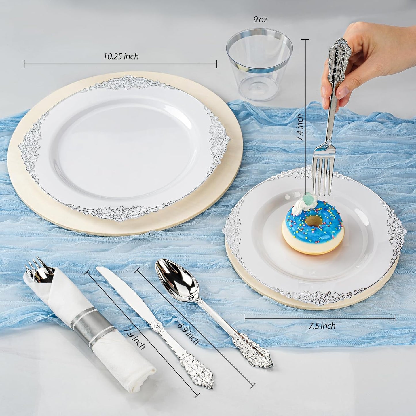 350PCS Silver Plastic Plates for 50 Guests, Disposable Dinnerware Sets Include 100 Silver Rim Plastic Plates, 50 Silverware, 50 Pre Rolled Napkins for Party, Wedding & Decor