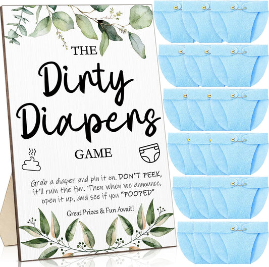 Roowest 51 Pcs Dirty Diaper Baby Shower Games Funny Wooden Sign with 50 Pcs Mini Diapers Cute Felt for Gender Reveal Party Baby Shower(Greenery Blue)