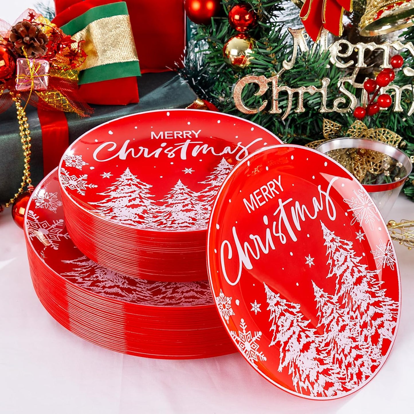 I00000 210Pcs Christmas Plastic Plates - Red Disposable Plates with Red Plastic Silverware Include 60 Plates, 30 Forks, 30 Knives, 30 Spoons, 30 Cups, 30 Napkins for Xmas Party