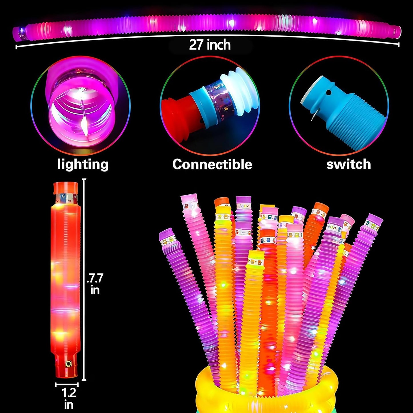 OceanWings 12PC Lights up Pop Tube Set for Kids Adults,Christmas Glow Sticks Stretchy Tube Fidget Toys for Classroom Prizes Birthday Concert Glow in The Dark Party Supplies Favor for Boys Girls