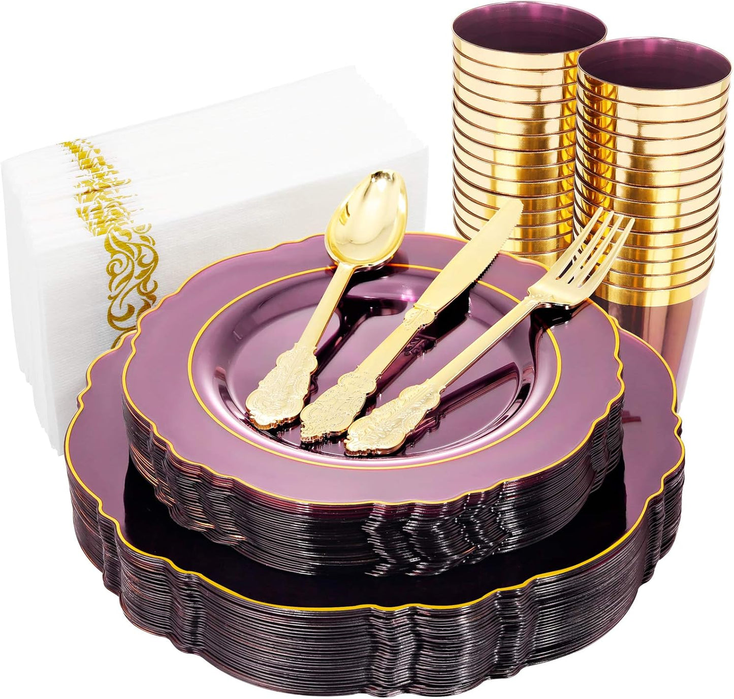 KIRE 210Pcs Purple Plastic Plates with Gold Rim& Silverware &Cups&Hand Napkin - Baroque Clear Plastic Dinnerware for Upscale Wedding/Parties Plates