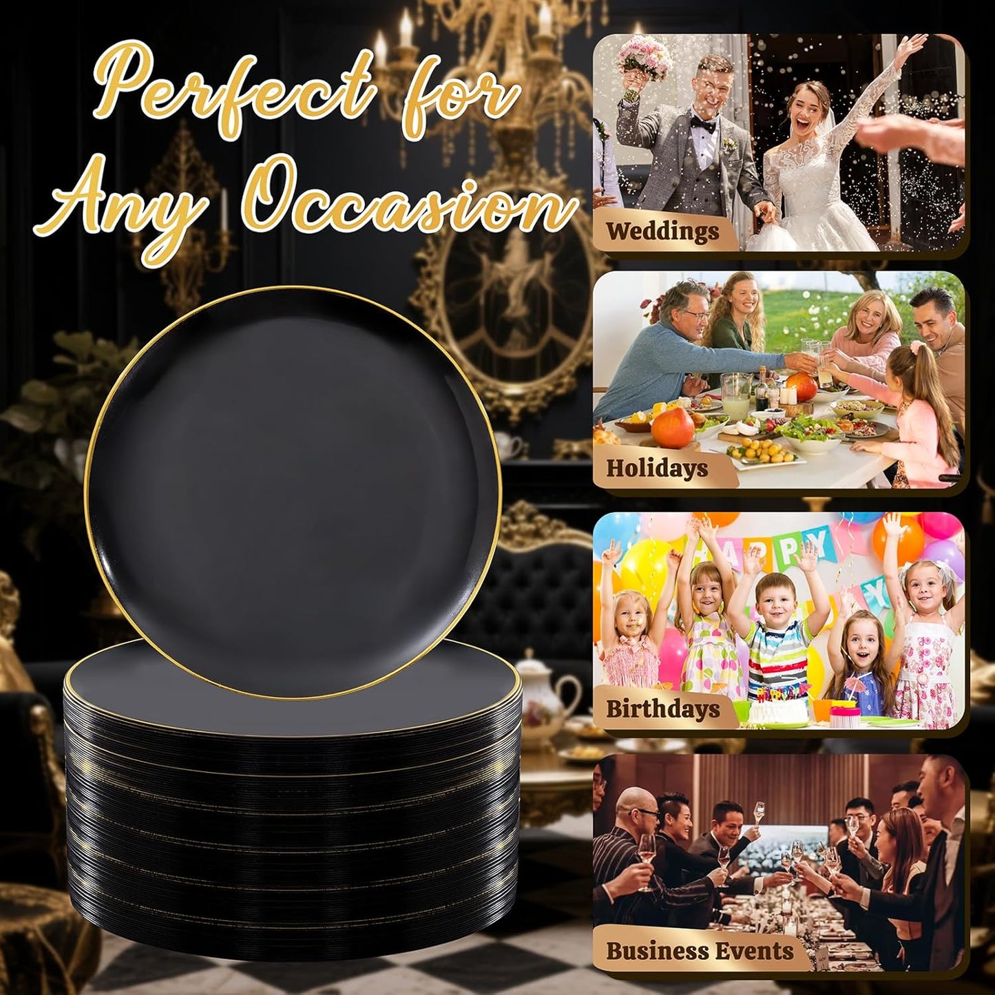 Festiva 200Pcs Black Gold Dessert Plates 6.3" with Plastic Forks 5"- Small Disposable Plates- Dessert/Cake/Appetizer Plastic Plates include 100Plates 100Forks for Christmas Party&Halloween&New Year